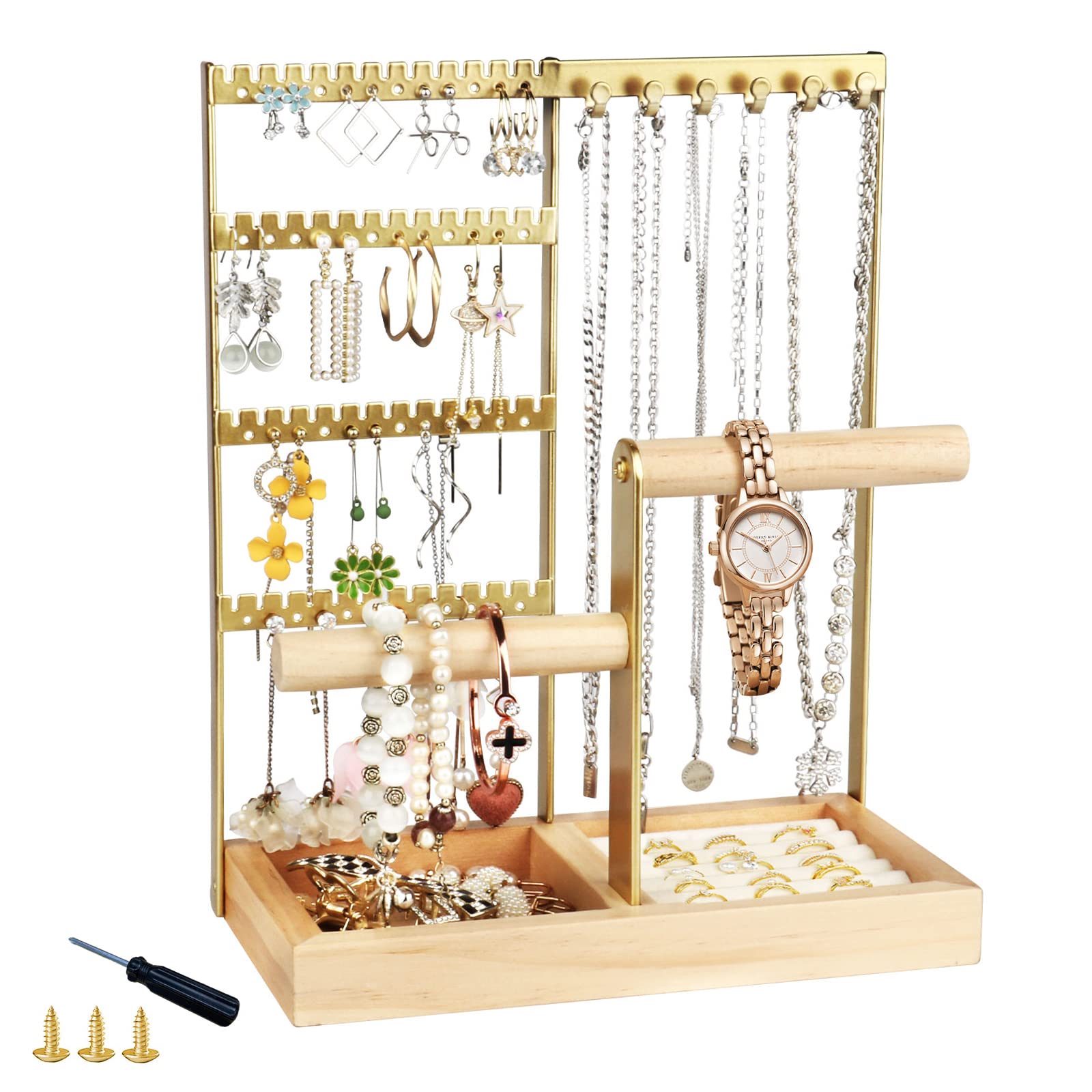 Flymer Jewellery Stand, Jewellery Holder, Jewellery Stand, Multi-layer Jewellery Stand, Chains, Jewellery Storage for Necklaces, Earrings, Bracelets, Rings (Gold)