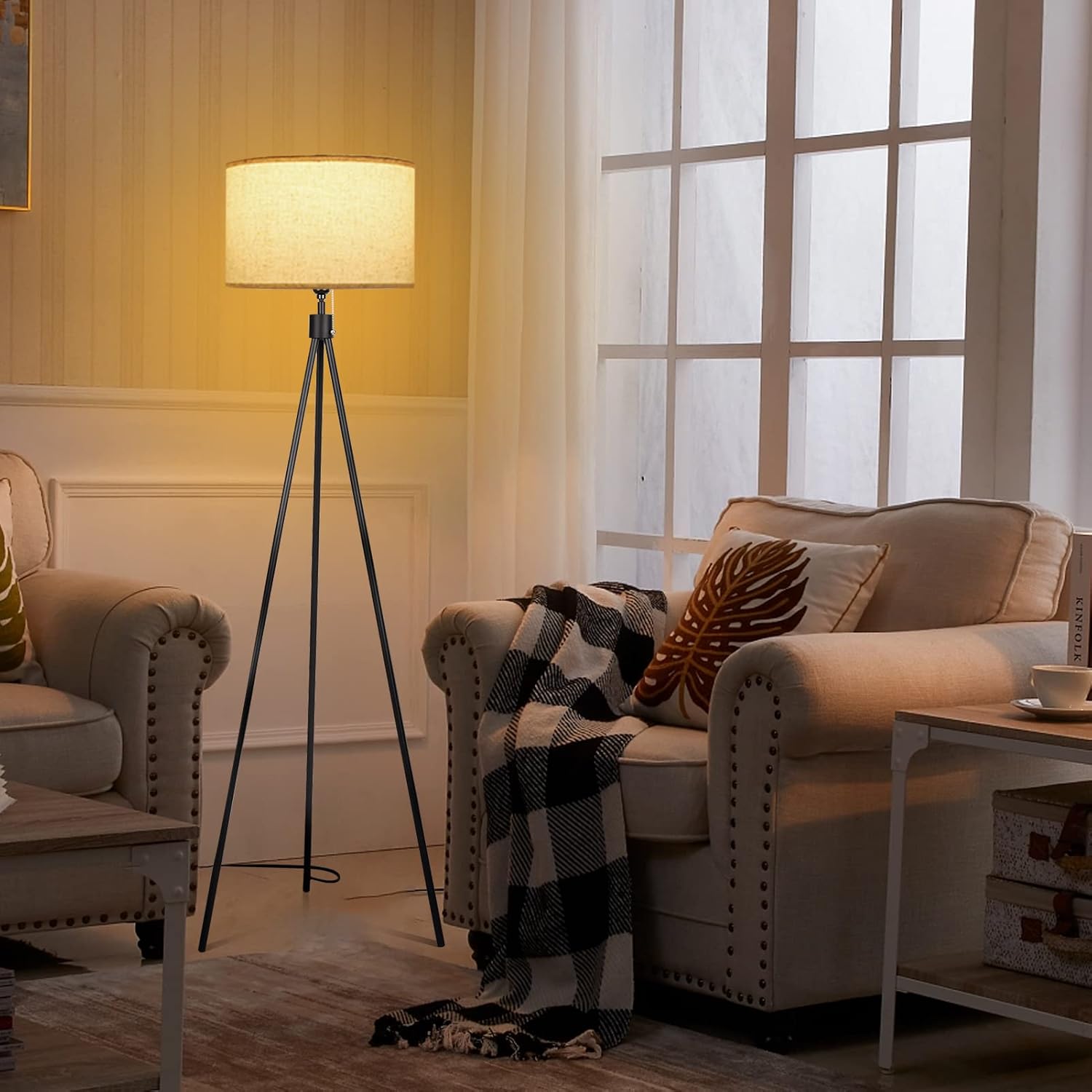 Tripod Floor Lamp, Mid Century Standing Lamp for Living Room, Linen Lamp Shade, with E26 7W LED Bulb Modern Design Standing Lamp for Living Room Bedroom Office Study
