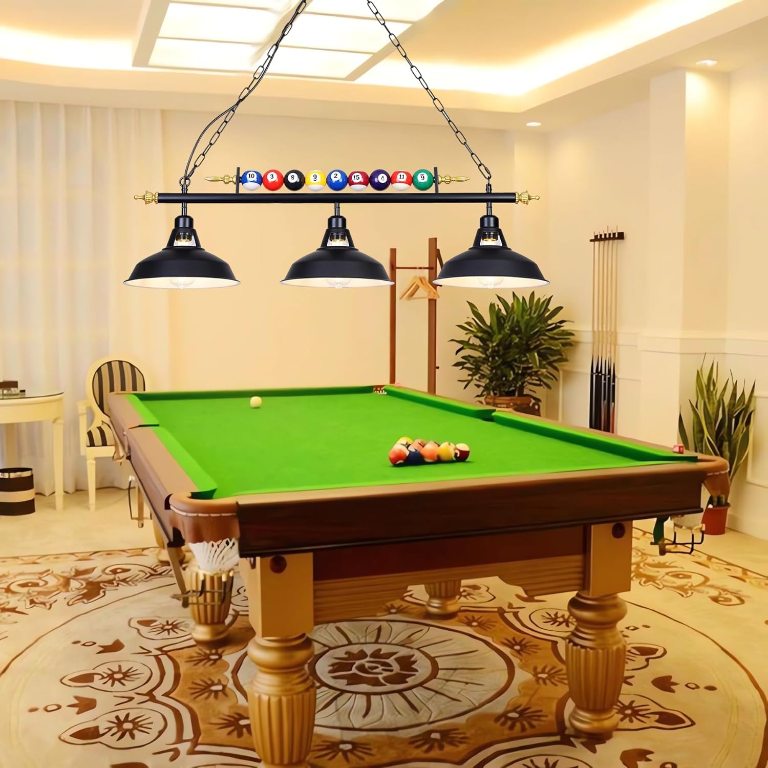 3-Light Billiard Pool Table Light Fixture - Adjustable Height Modern Metal Pendant for Billiard Room, Game Room, Kitchen Island, Restaurant, and Cafe