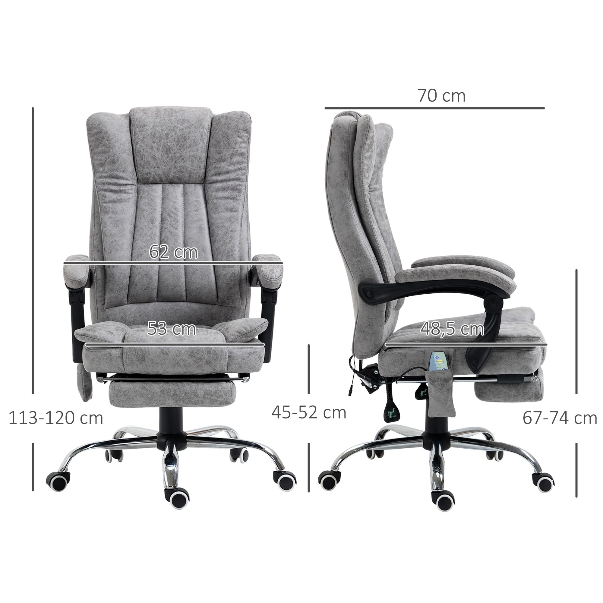 Vinsetto Silla de Oficina con 6 Puntos de Masaje, Reclinable 135º, Gris | Silla de Escritorio Giratoria, Masaje Vibratorio, Función Calefacción, Reposapiés Retráctil, Altura Ajustable, Control Remoto