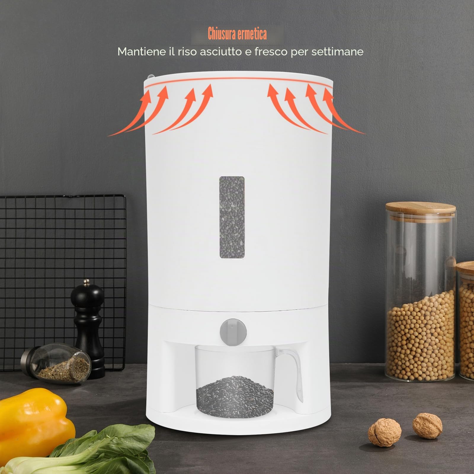 Contenitore per Conservazione Alimenti 6kg/10kg Reisspender, Contenitore per Riso con Misurino Graduato, Ermetico e Resistente all'Umidità, per Riso Nero, Riso Giallo, Riso (10kg)