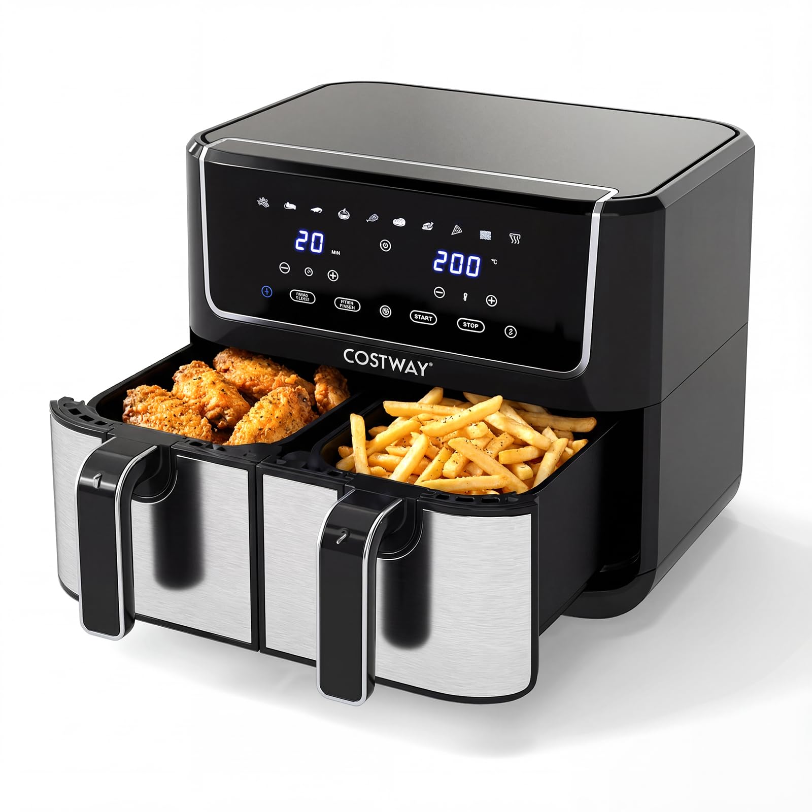 COSTWAY 8L Dual Zone Air Fryer, 10-In-1 Presets Airfryer Oven with Sync Finish & Match Cook, LED Digital Touch Screen, 85% Less Fat, Nonstick Dishwasher Safe Baskets, Large Family Size, 2100W