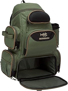 La mochila de pesca Bassdash es resistente al agua y cuenta con compartimentos ajustables, bolsillos para accesorios, soporte para botella de agua y cubierta protectora contra la lluvia. Ofrece un diseño ergonómico y cómodo para transportar todo el equipo necesario para la pesca.