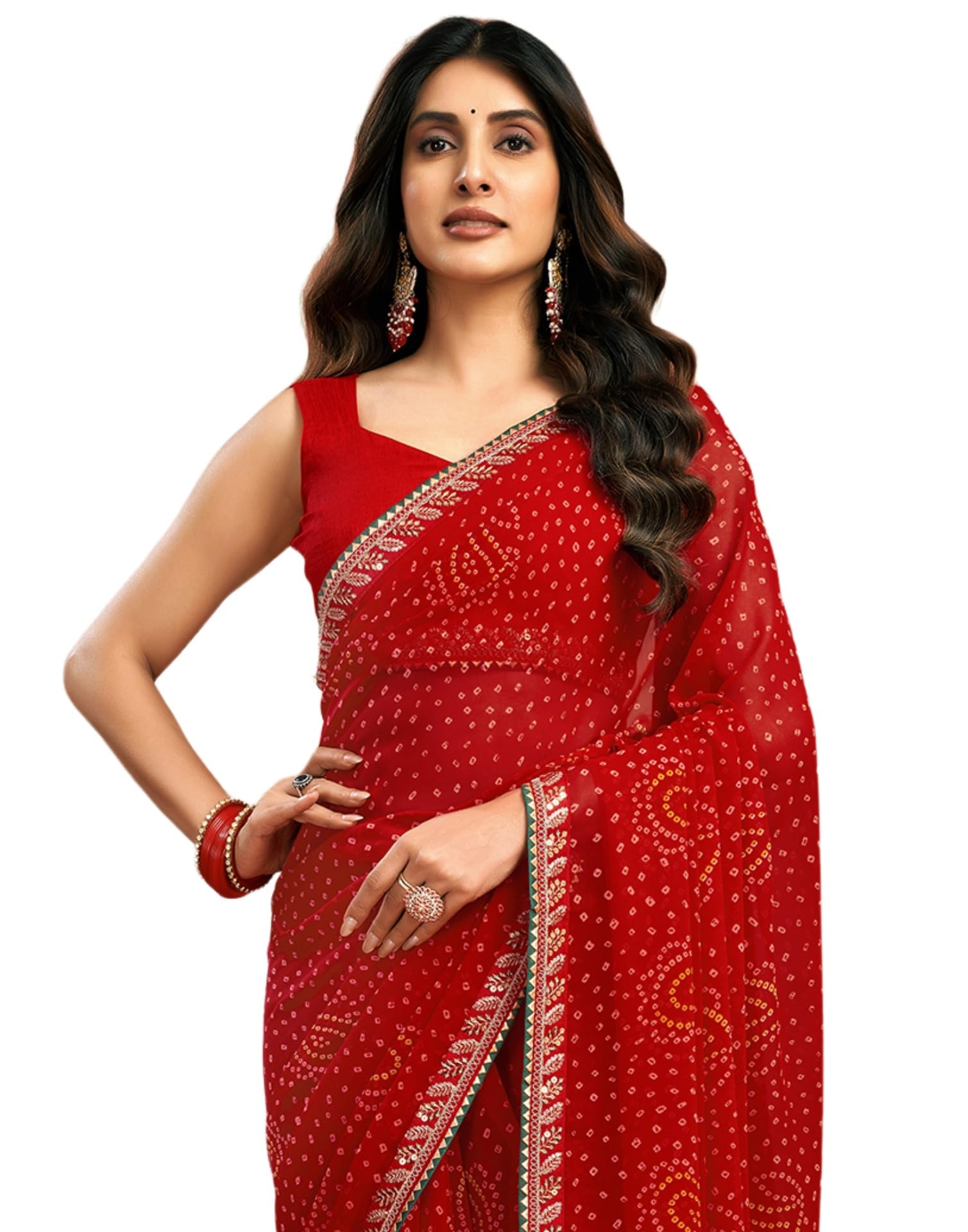 SIRIL Women's Georgette Bandhani Printed Saree, Traditional Wedding Sarees For Women With Unstitched Blouse Piece
