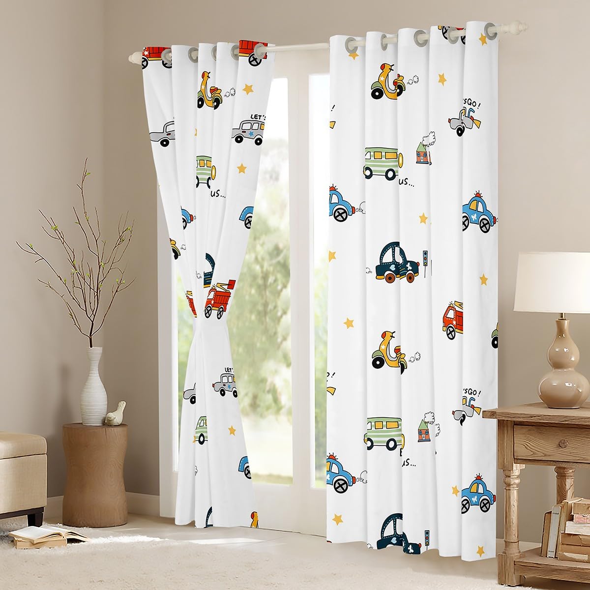 Homemissing Cars Cartoon Blackout Curtains(30%-50%) Cartoon Cars Bus Print Window Curtains Transport Vehicles Cars Window Dreapes for Kids Boys Traffic Vehicles Window Treatments W46*L54 - Image 3
