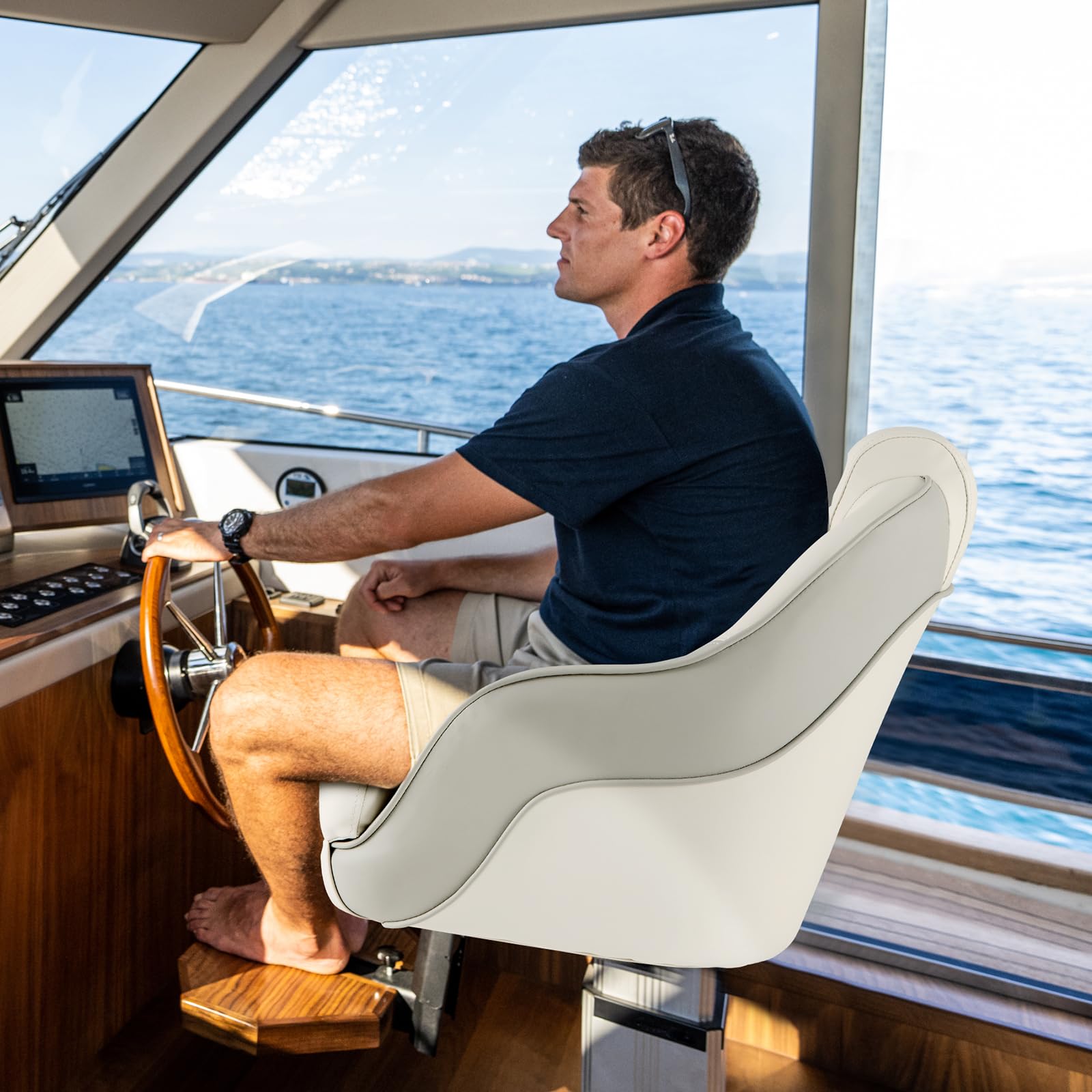 COSTWAY Asiento para Capitán, Asiento para Barco Pontón con Cuero de PVC Impermeable, Acolchado de Esponja Gruesa, Respaldo Alto de 42,5 Cm, Reposabrazos Curvo, Pernos
