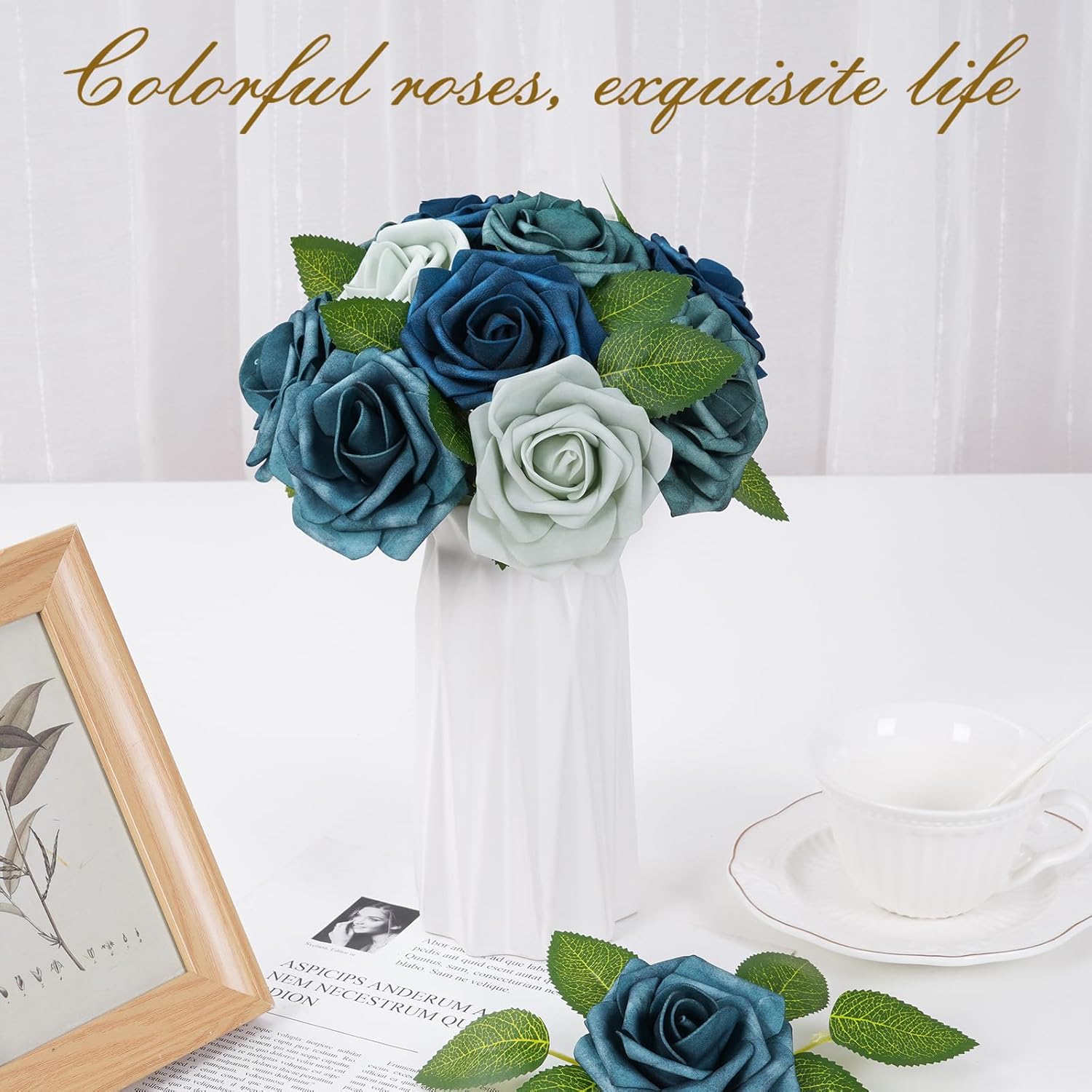 BLEUM CADE 16Pcs Artificial Flowers Fake Roses with Stems, Gradient Misty Blue Boxed Foam Roses for DIY Bouquets Centerpieces Wedding Party Arrangement Bridal Shower Decor - Image 5