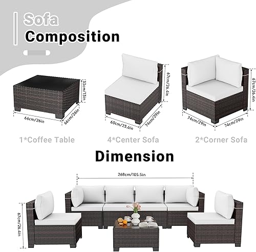 Miniatura 2 de LEVELEVE Juego de 7 muebles de patio al aire libre, juego seccional de conversación de ratán, sofá de mimbre de tejido manual con mesa de té