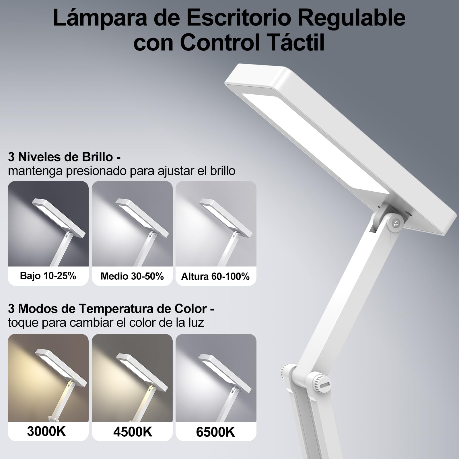 Lámpara Escritorio LED, Flexo Lámpara Táctiles Plegables, Lamparas sin Cables Noche,Luz de Mesa con Pilas de 2400 mAh, 3 Modos,Luz de Escritorio Recargable para Dormitorio, Lectura, Estudio
