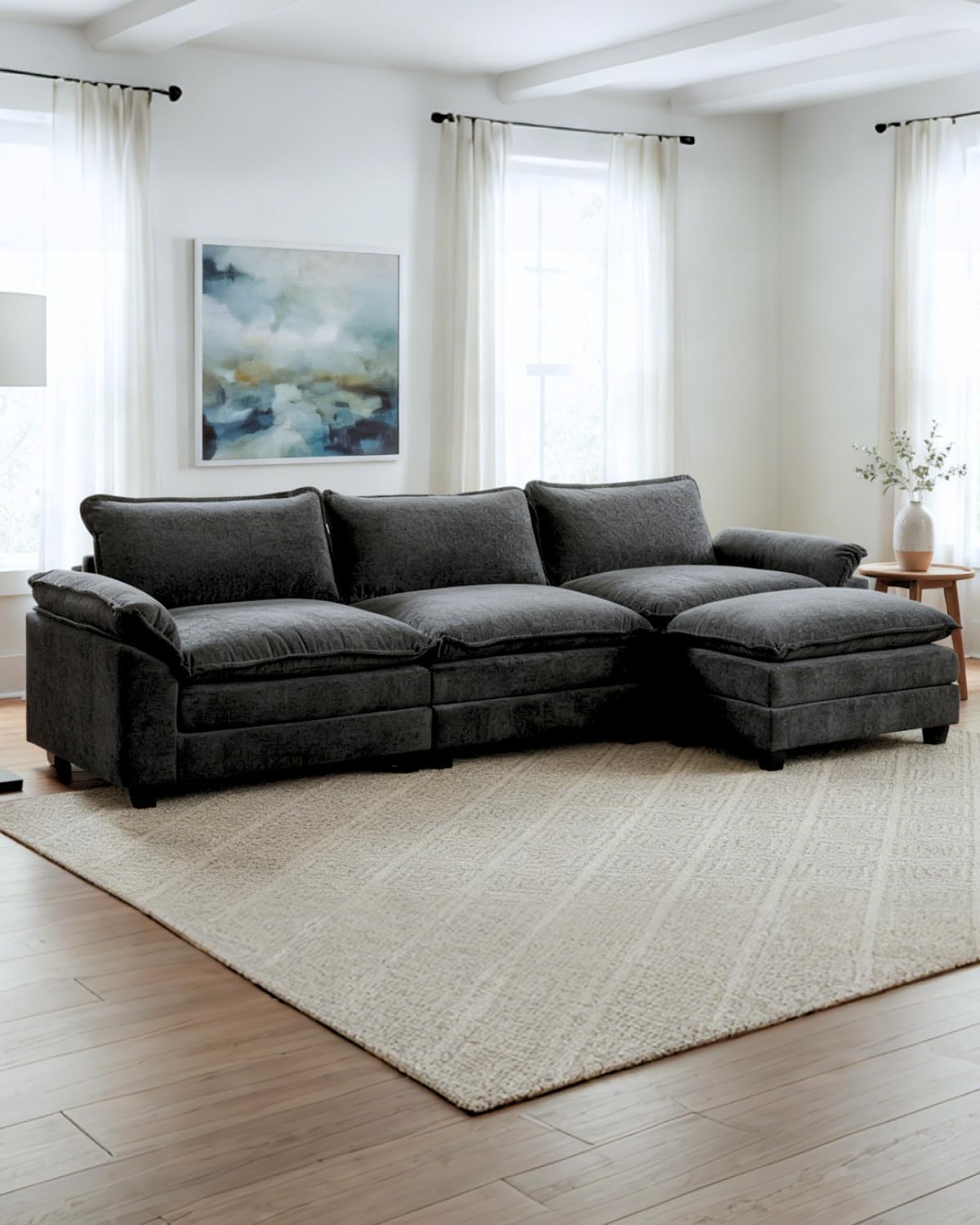 Karl home Sectional Sofa Modular Deep Seat Sofa Couch with Ottoman, Chenille Sofa Sleeper Comfy Upholstered Furniture for Living Room, Apartment, Studio, Office, (3-Seat & 1-Ottoman, Black)