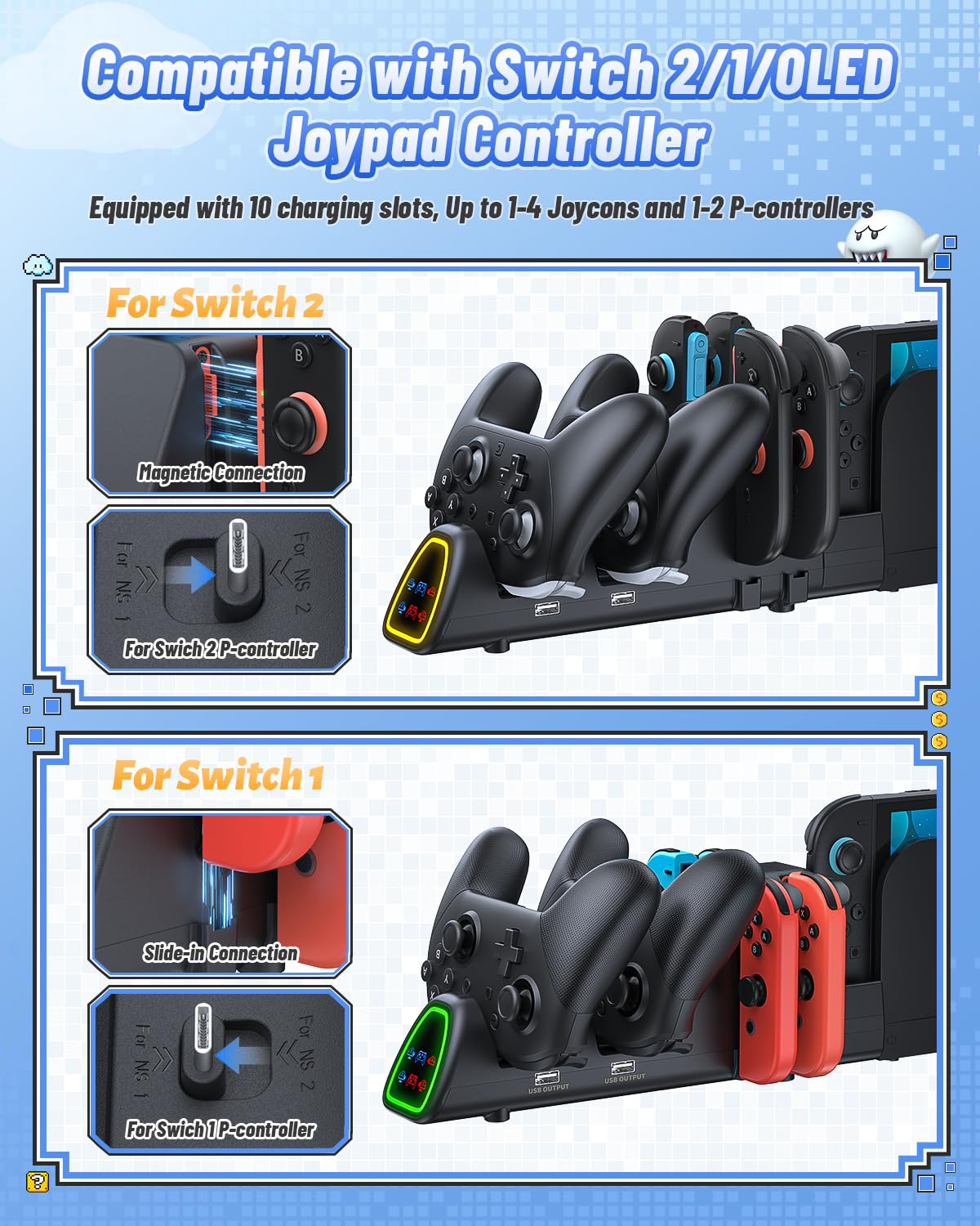 [Switch 1/2 kompatibel] FASTSNAIl Controller Ladestation für Nintendo Switch 2/1 für Joycon, 10-in-1-Schnellladestation für Pro Controller 2/1 mit 11 RGB-Modi, kabelloses Ladegerät mit LED-Anzeige