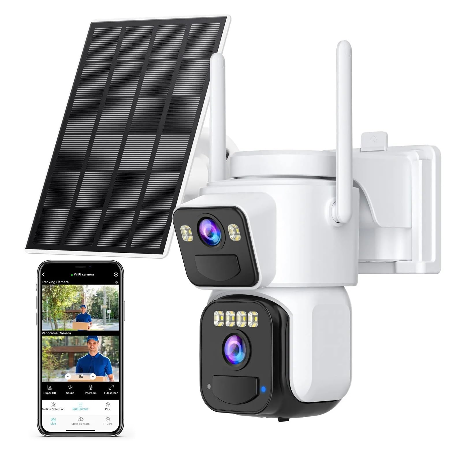 Cámara de seguridad exterior solar contra robos con doble lente y visión nocturna