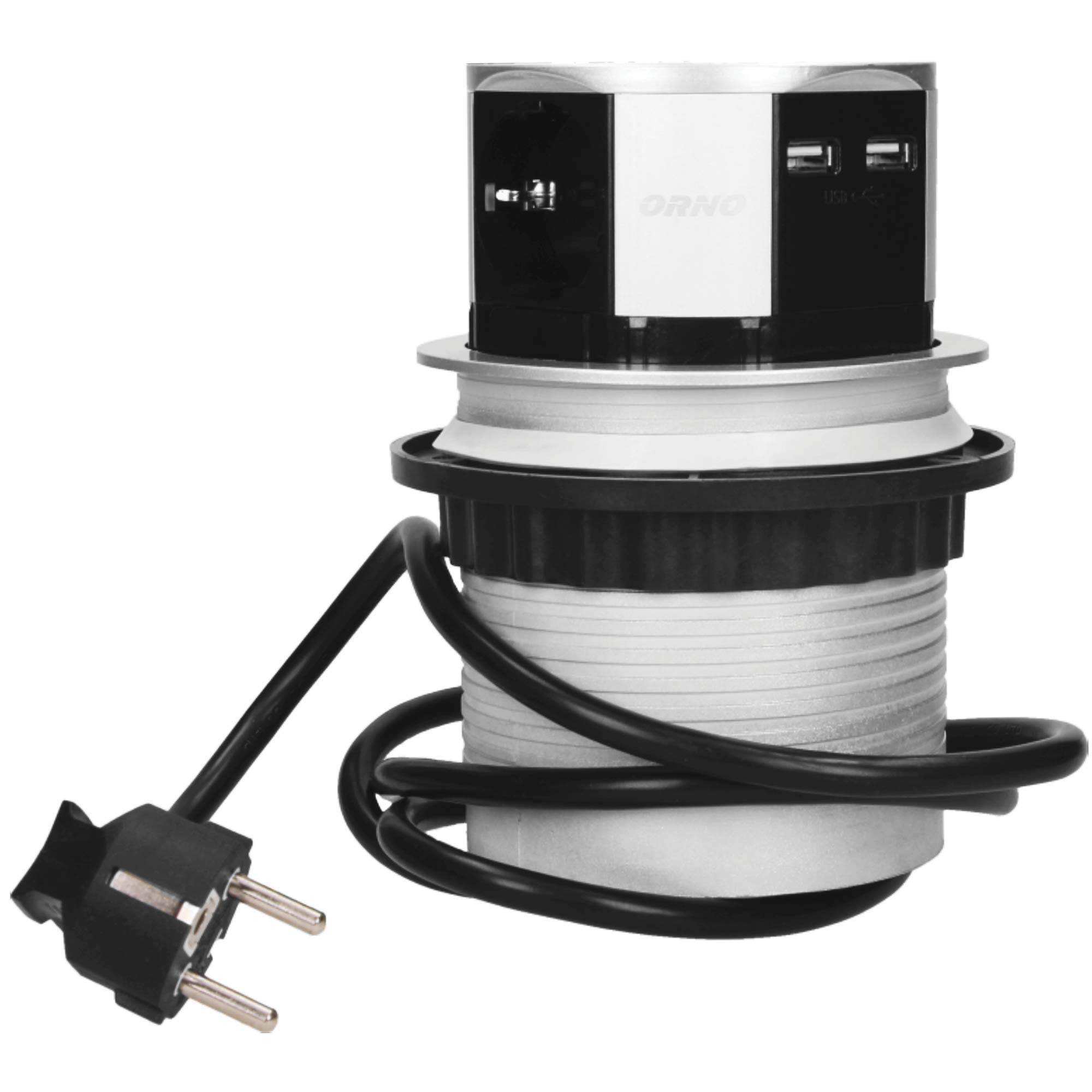 Orno AE-1342(GS) Presa Multipla a Scomparsa a 3 ingressi + 2x USB 3650W max Ø 10 cm con cavo Schuko da 1,5 m