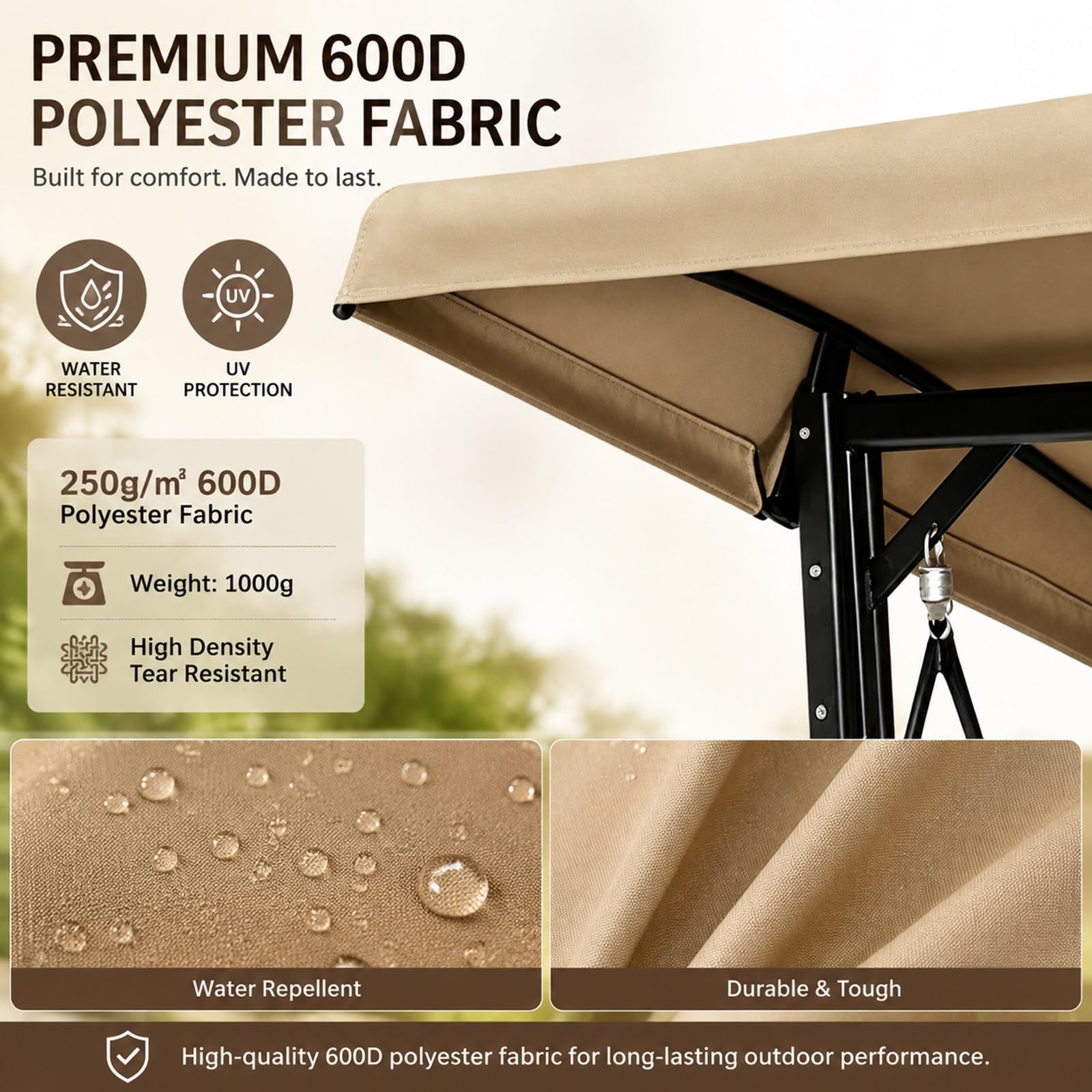 Tettuccio di ricambio impermeabile per dondolo da giardino 2 posti | Telo poliestere 600D 250g metro quadrato, resistente agli strappi, adatto giardino terrazzo prato(Khaki)