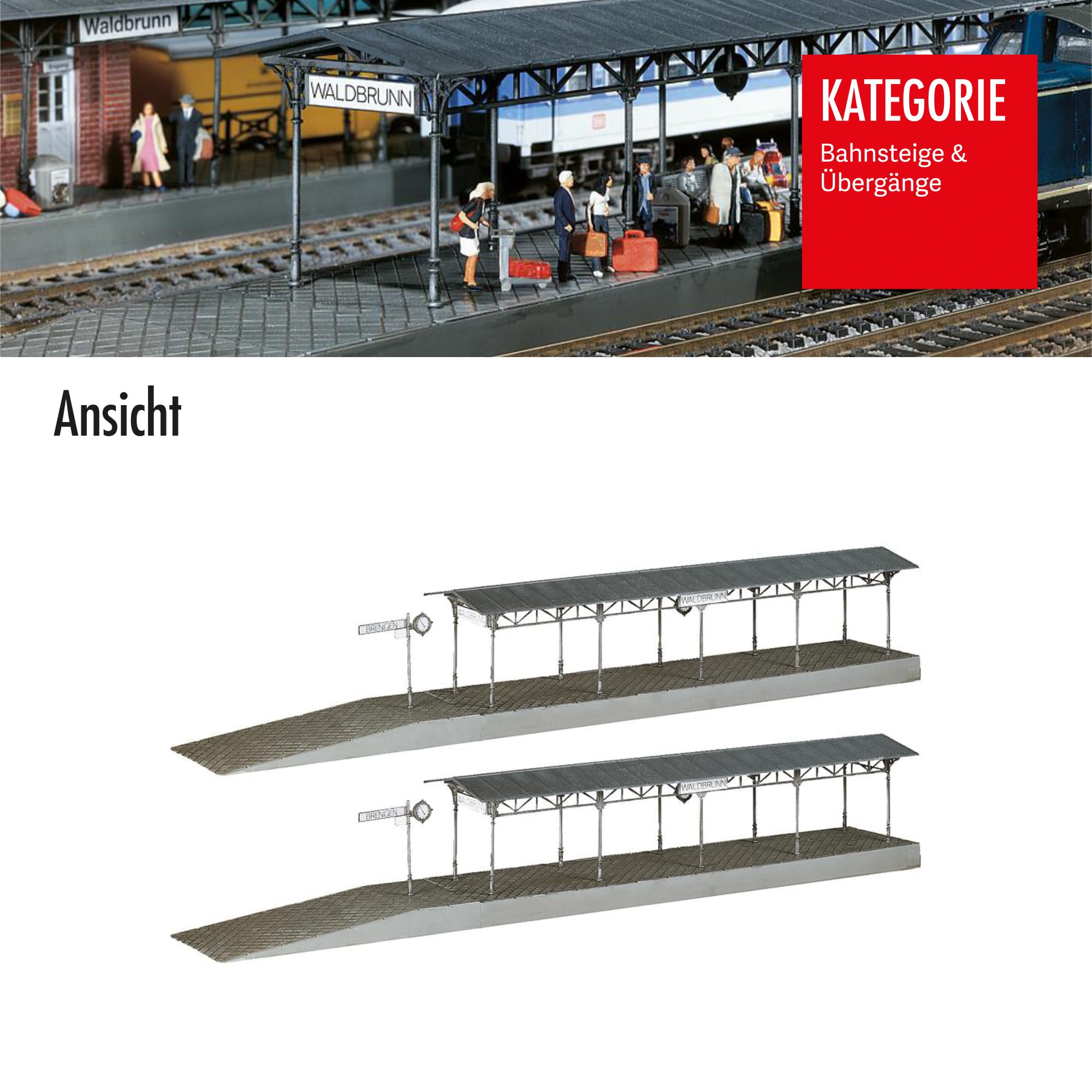 FALLER 2 Bahnsteige Waldbrunn Modellbausatz mit 34 Einzelteilen 358 x 55 x 62 mm I Modelleisenbahn Zubehör H0 Gebäude I Modelleisenbahn H0 Bahnsteige