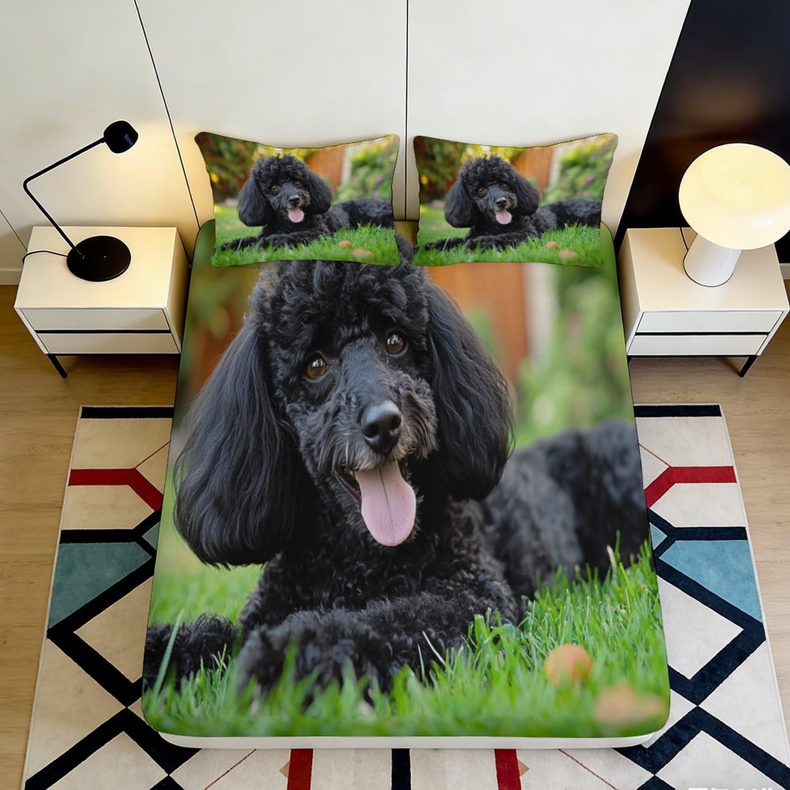 3D Printed Black Poodle Fitted Sheet Microfiber Soft Breathable Grass Dog Bed Cover for Bedroom Dorm Mattress Protection Decor 180x200x25cm