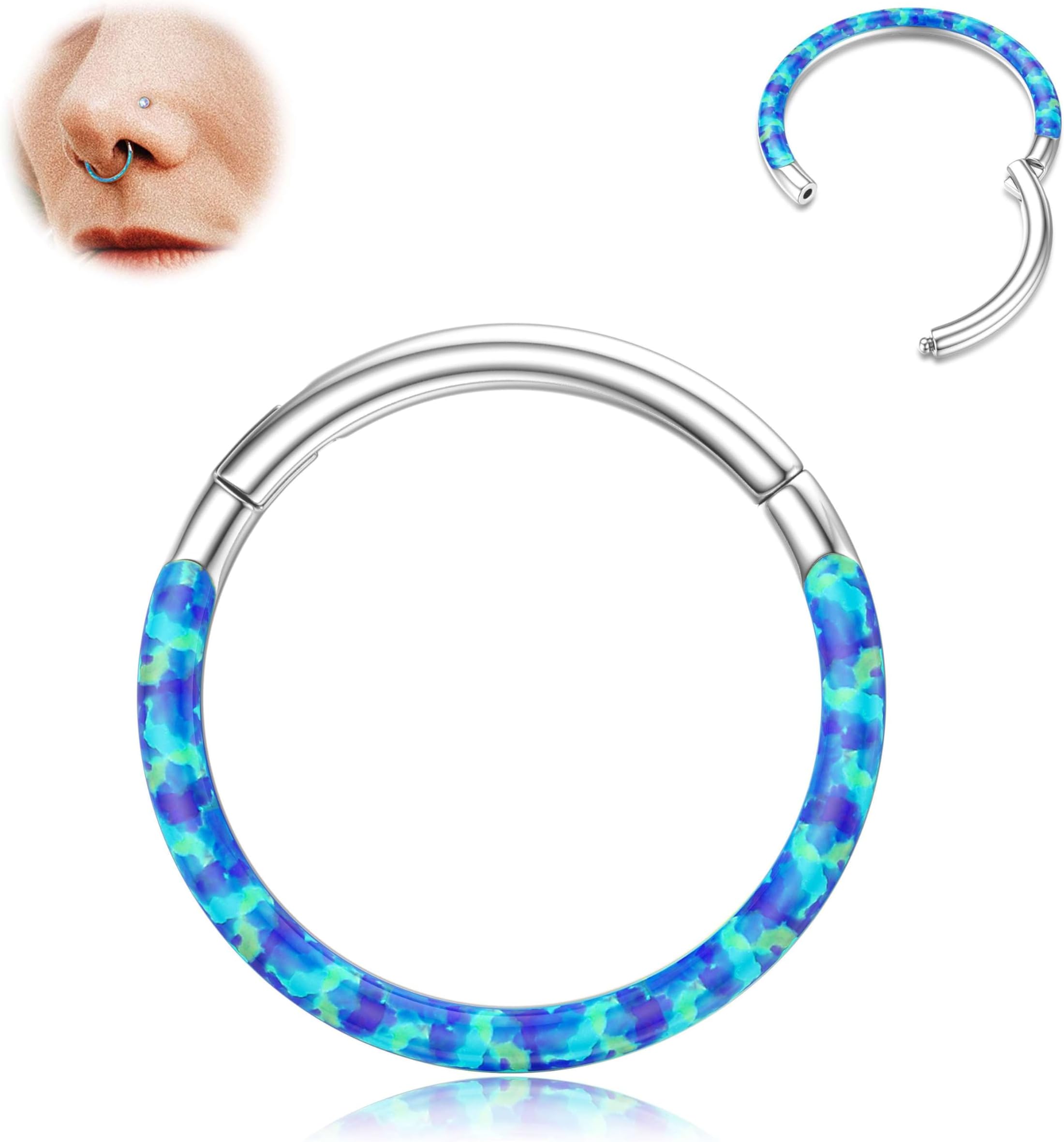 BodyBonita Hinged Opal Nose Rings Hoops - 16G/18G/20G 316L Surgical Steel Hinged Hoop Nose Rings for Women Septum Rings Conch Piercing Jewelry Helix Daith Cartilage Earrings Purple/Pink/Blue/White
