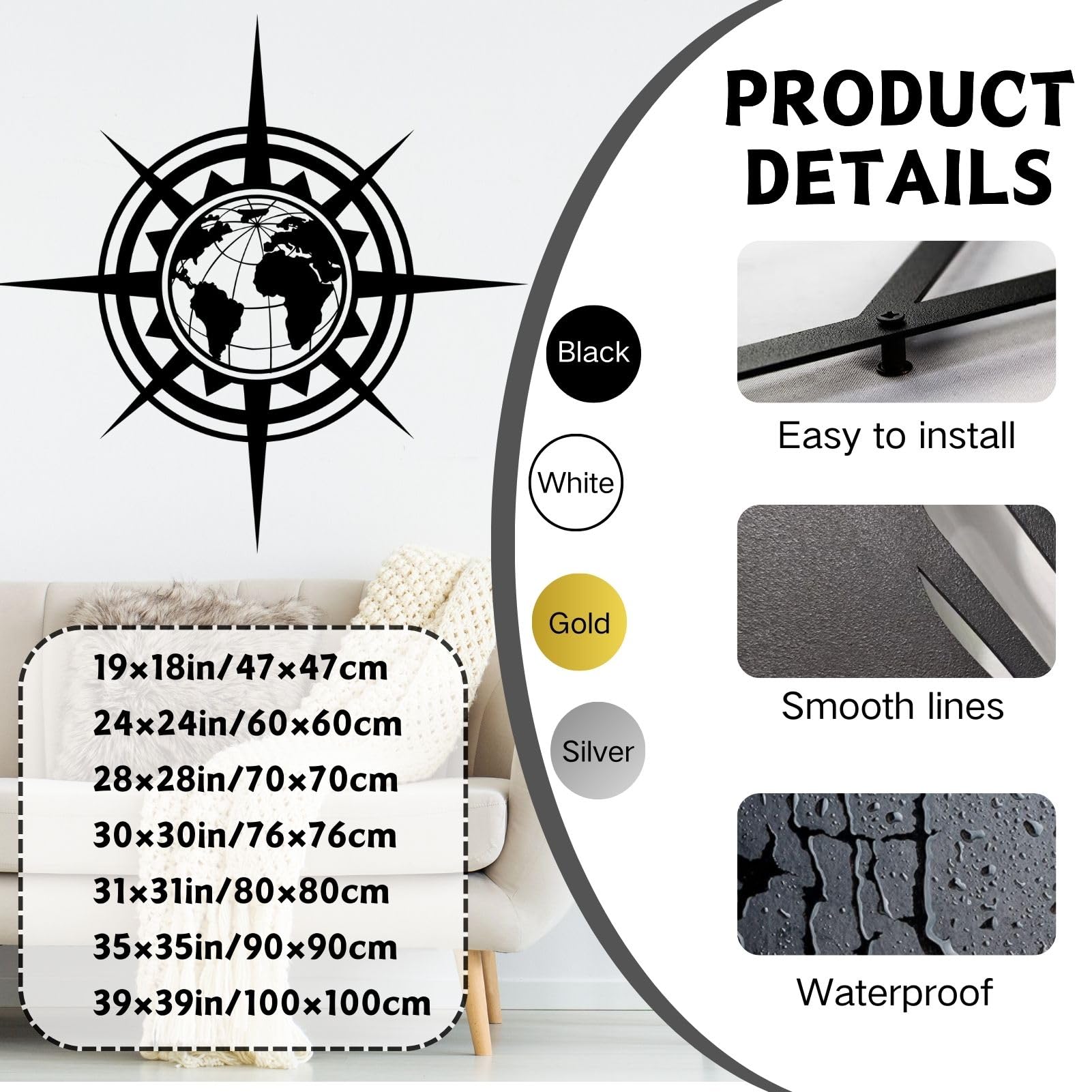 Genérico Brújula Decorativa de Metal para Pared, Mapa del Mundo de Metal para Pared, Arte náutico para Pared, brújula Grande de Metal para decoración de Pared Exterior (Negra, 60 x 60 cm).