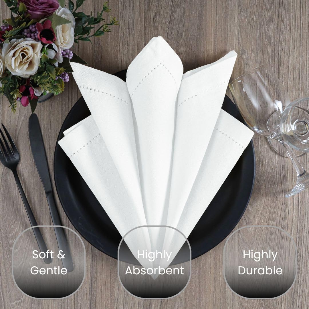Set of 12 Hemstitch Dinner Napkins 100% Cotton - Soft Durable Reusable Table Napkins - Perfect for Dining Weddings Parties Holidays Christmas and Everyday Use - Cloth Napkins White