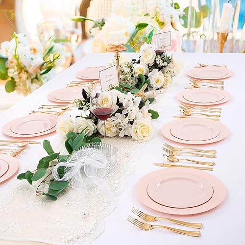 Miniatura 8 de FLOWERCAT 60 platos de plástico rosa, platos rosados resistentes desechables para fiestas, día de la madre, boda, para 30 invitados, incluye 30
