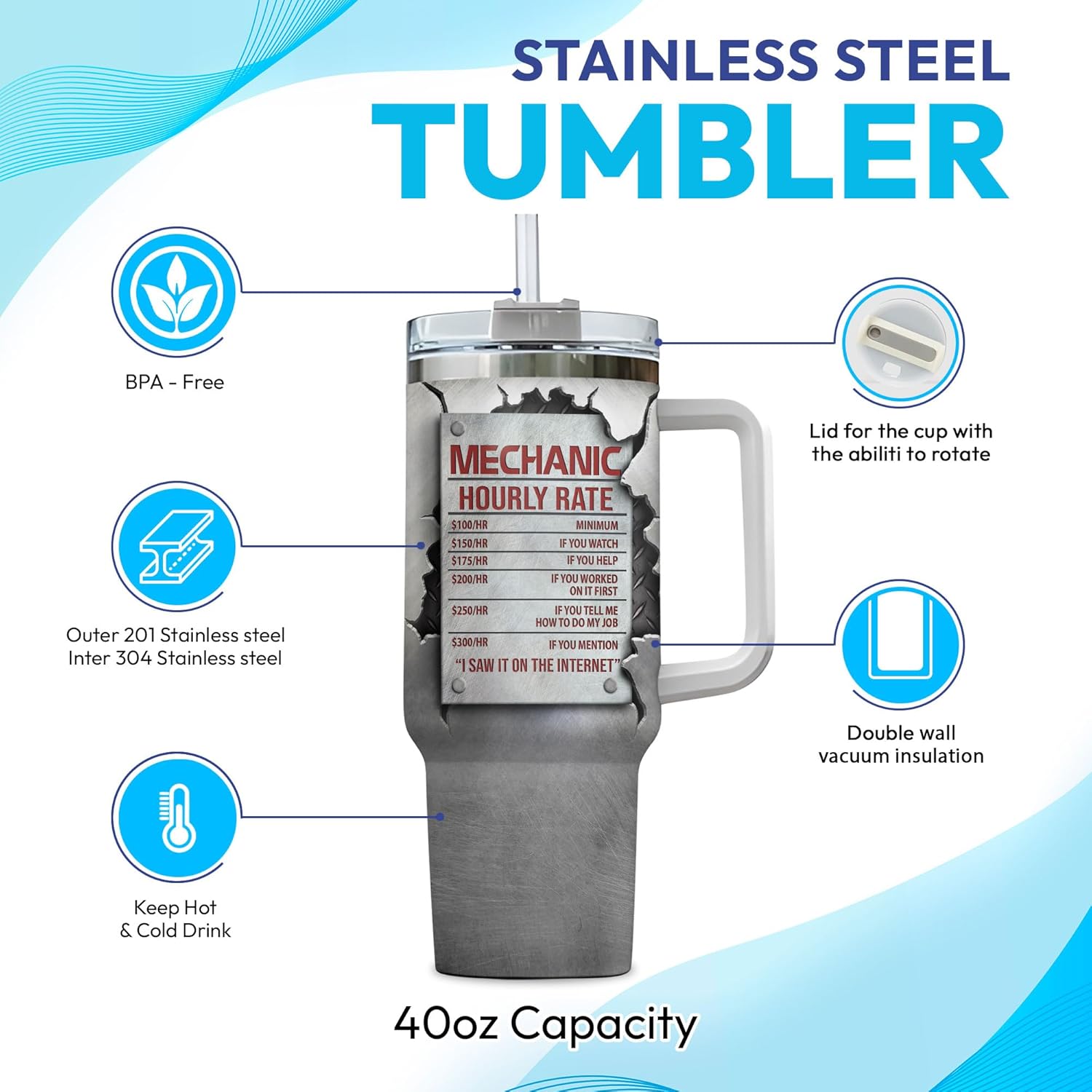 Hyturtle Personalized Mechanic Gifts For Men Tumbler 40 oz with Handle and Straw - Mechanic Nutrition Facts Custom Name Stainless Steel Travel Coffee Cup - Gifts For Dad Grandpa Man On Birthday