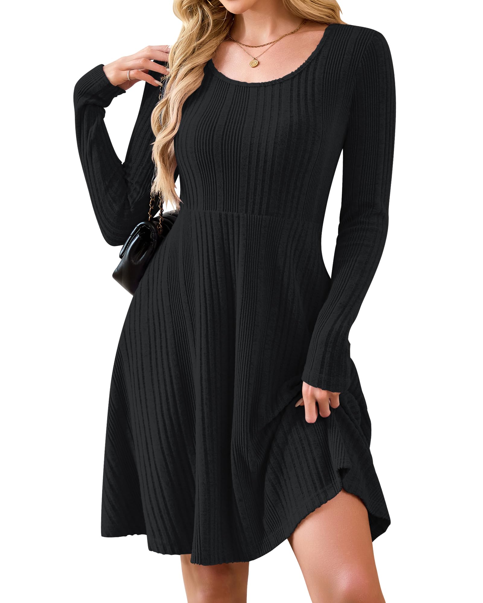 Abito Lungo Donna A Maniche Lunghe Con Scollo A V E Tasche – Morbido Tessuto Autunnale, Lunghezza Al Ginocchio, Nero, Taglia XL
