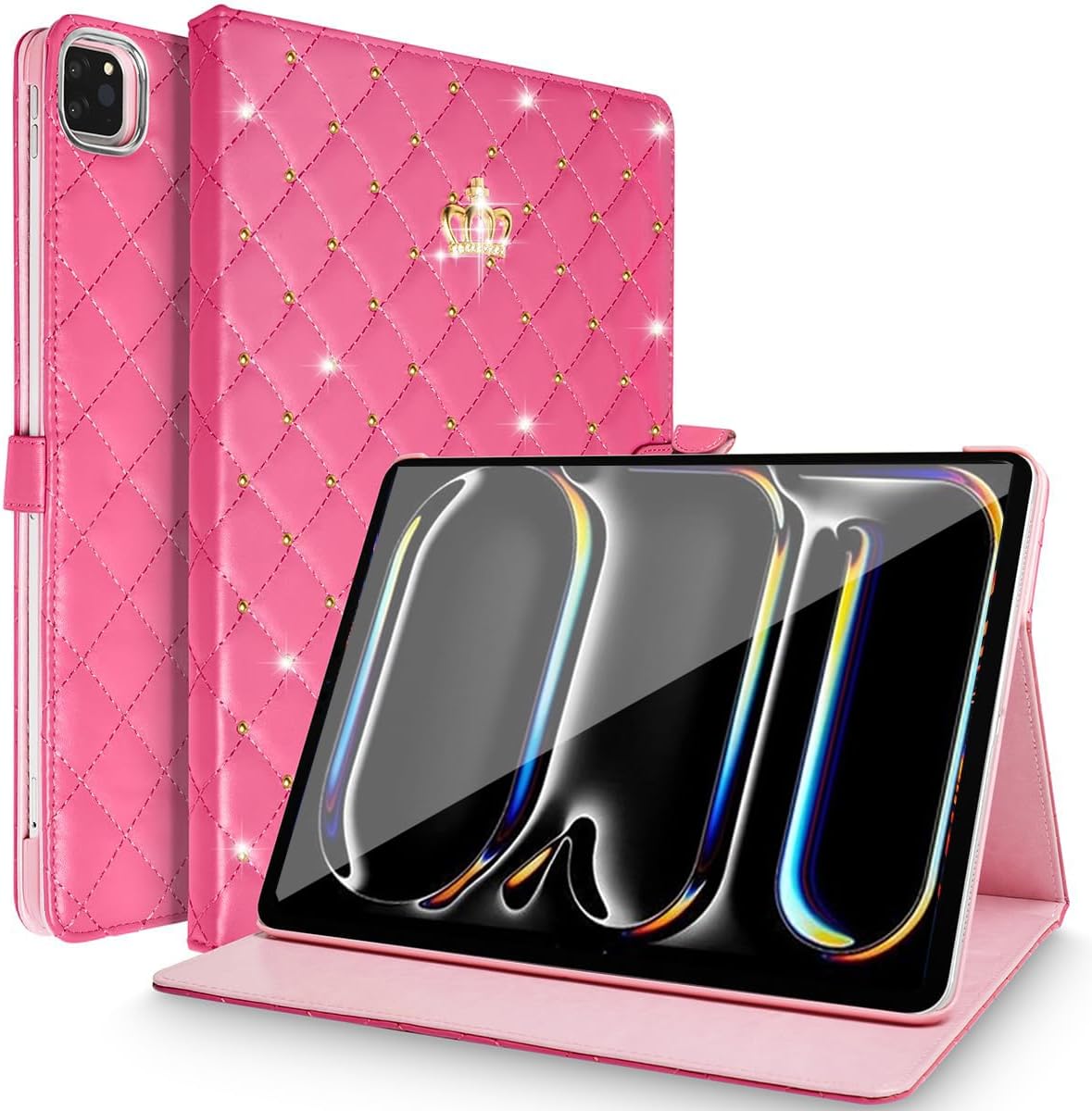 Changjia for iPad Pro 11Inch Case M5/M4 2025/2024 (6th/5th Generation),Cute Crown Bling Diamond Girly Elegant PU Leather Smart Auto Sleep/Wake Stand Protective Case for iPad Pro 11 2024/2025,Hot Pink