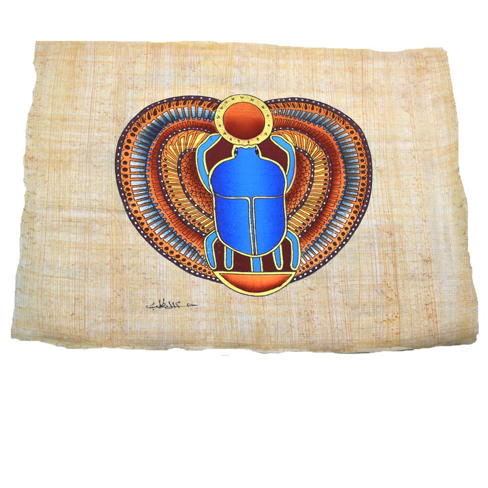 Good Luck Sacred Scarab on an Original Papyrus Handmade and Hand Painted in Egypt. It Measures Approximately 33x43 cm. Ref. 28H-A