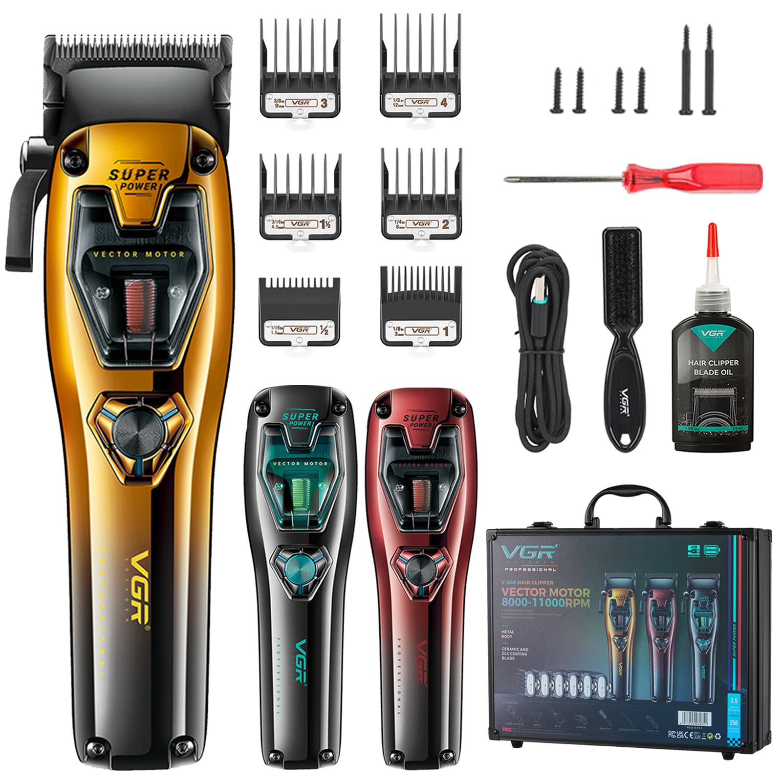 VGR 668 Hair Clippers for Men Professional, 11000 RPM Vector Motor Barber Clippers Cordless Ceramic & DLC Blade Hair Cutting Kit, Metal Body 3 Modular Replaceable Body Lids with Travel Case
