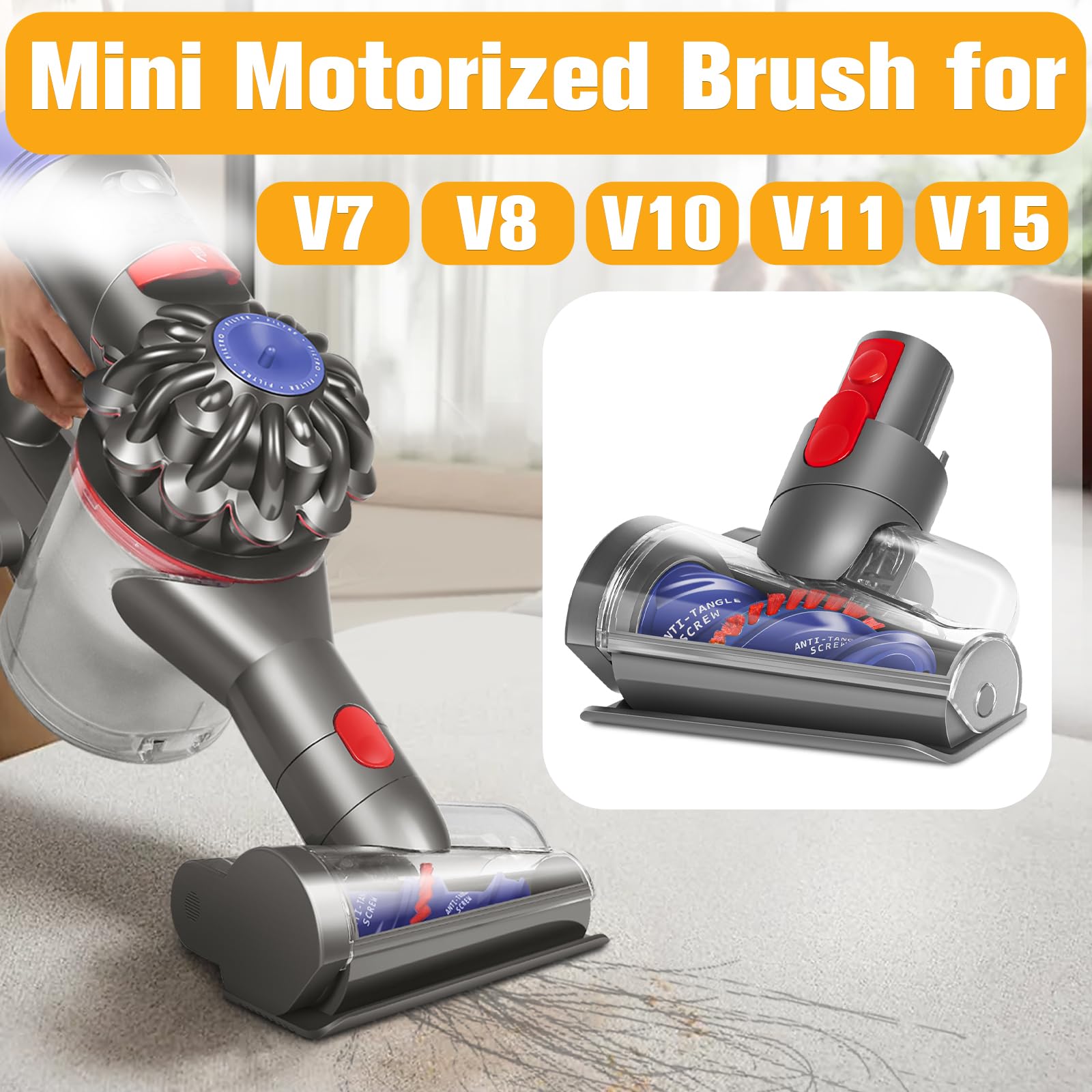 Mini zmotoryzowana głowica szczotkowa do odkurzaczy Dyson V7 V8 V10 V11 V15, antysplątaniowa głowica zamienna do czyszczenia długich włosów i sierści zwierząt, do materaca, dywanów, sofy