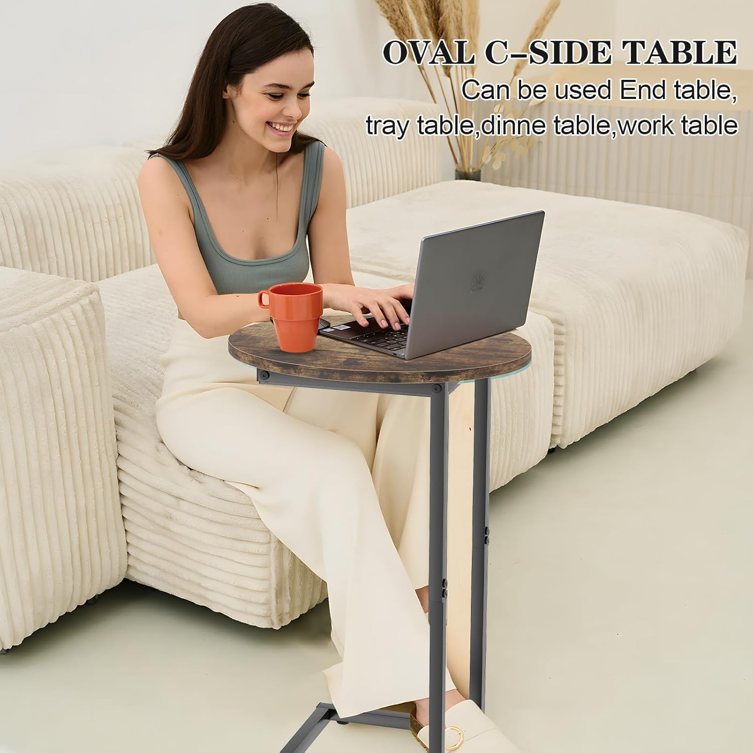 C Shaped End Table,Oval Couch Sofa Side Table for Bed Slide Under Couch, Wood Small Round Snack Table with Metal Frame, TV Tray Table for Small Space, Living Room,Easy Assembly(Brown)