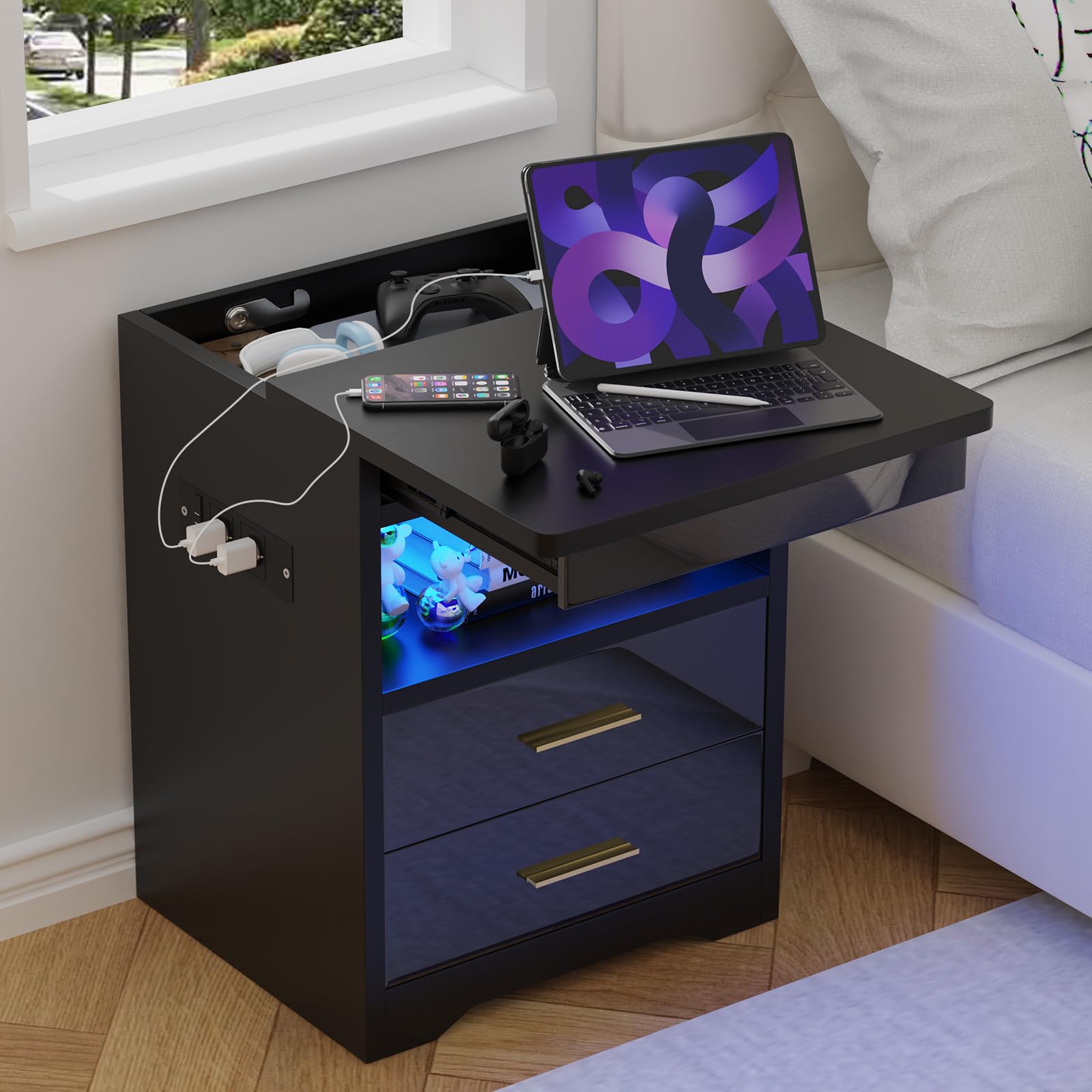 Table de Chevet Noir Table de Nuit Moderne avec Prises LED Multicolore Réglable Serrure à Clé de Sécurité Chevet de Lit Coulissantes Cachées, d’Appoint pour Salon Chambre à Coucher 39x44x58cm