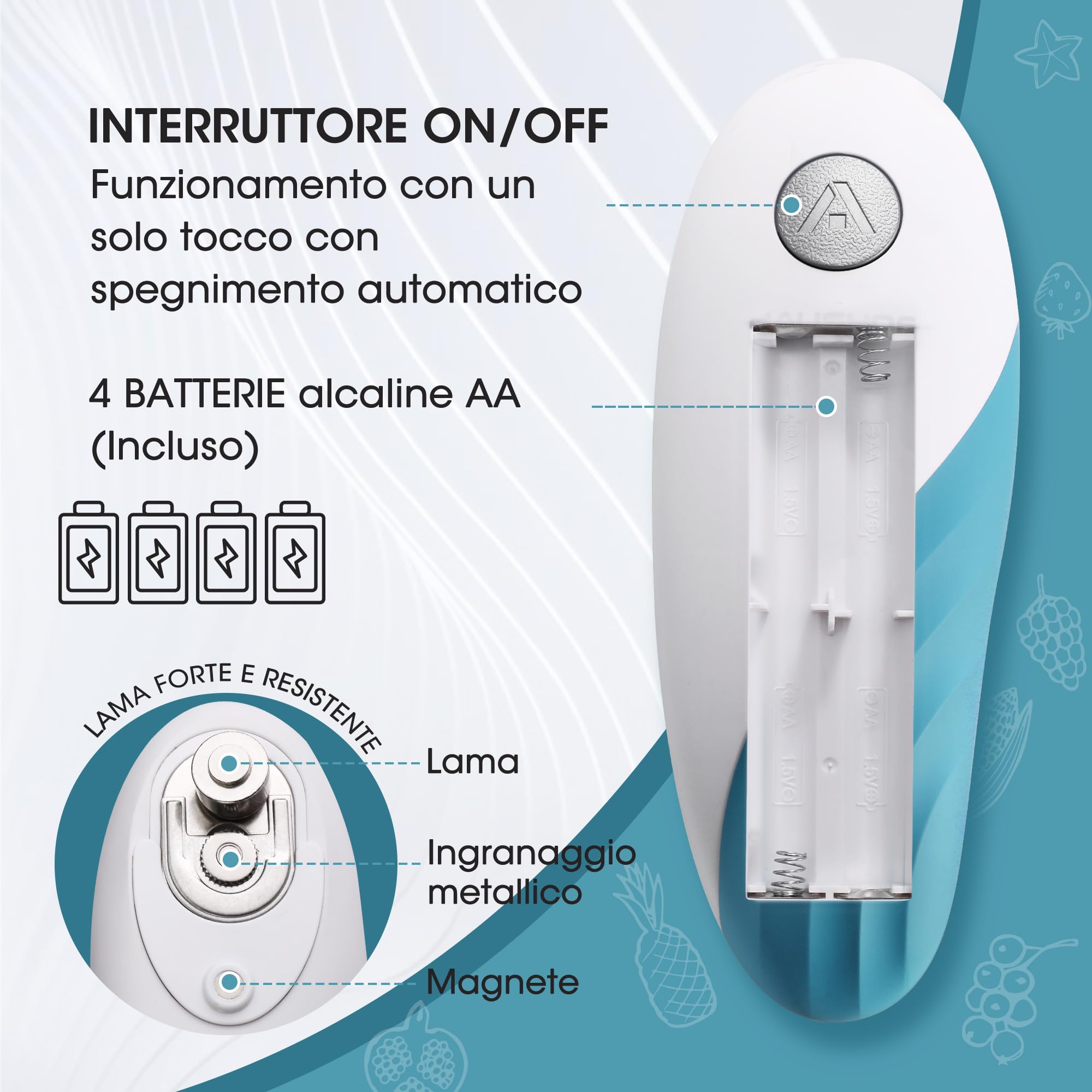 HAUSHOF Apriscatole Elettrico One Touch Bordo Liscio, Apriscatole Automatico con Funzione di Avvio e Arresto Automatico One Touch, Gadget da Cucina con 4 Batterie per Cuochi-Blu
