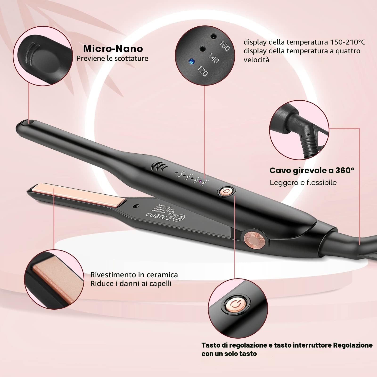 2in1 Mini Piastre per Capelli Corti in Ceramica, Mini Piastra per Capelli Corti, Portatile, Temperatura Regolabile 150℃-210℃, Doppia Tensione, Adatta per Uomini e Donne, Nero