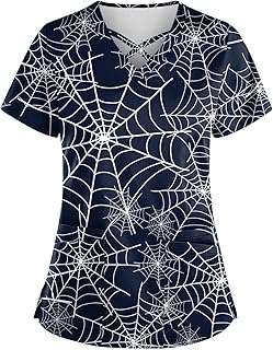 Plus Size Halloween Scrubs Work Uniforms for Women Pumpkin Scrubs 5X Shirts Printed Nurse Uniforms with Pockets