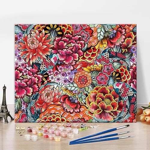 Miniatura 1 de Pintura por números para adultos, flores pintadas japonesas acrílicas, peonías por números, pintura por números, pintura por números para adultos,