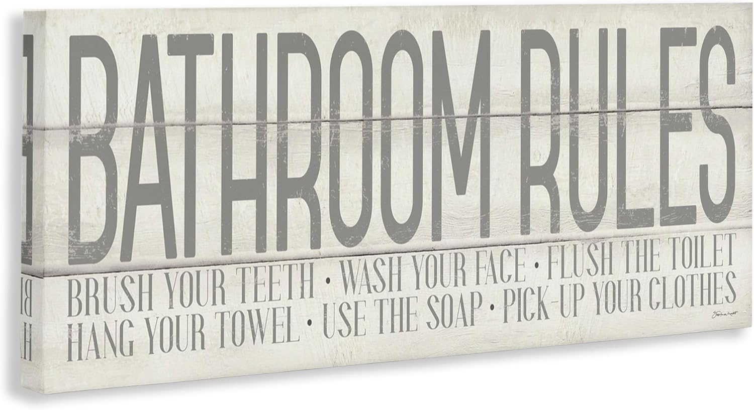 The Stupell Home Décor Grey and White Planked Look Bathroom Rules Typography Stretched Canvas Wall Art, 13x30, Multi-Color