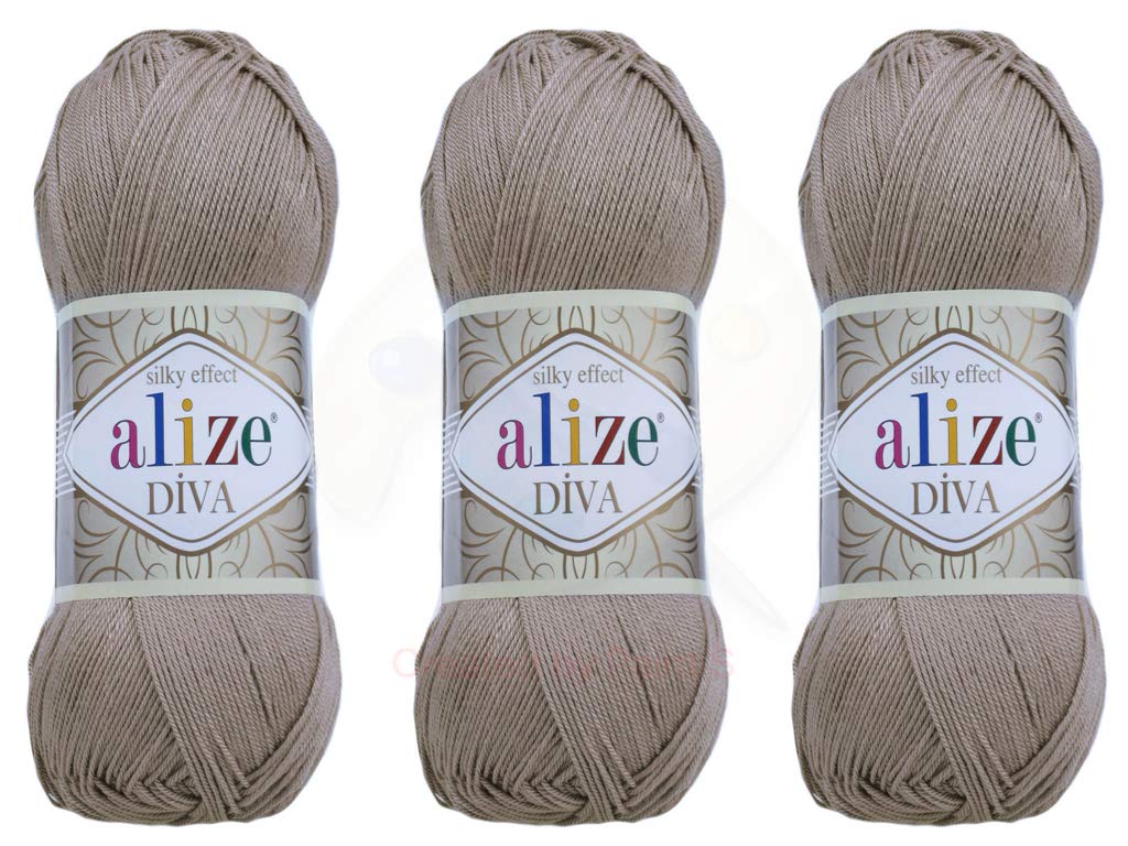 Alize Diva Yarn Hand Knitting Yarn 100% Microfiber Acrylic Yarn Alize Diva Silk Effect Thread Crochet Art Lace Craft Lot of 3 skeins 400gr 1314yds Color (167 - Beige)