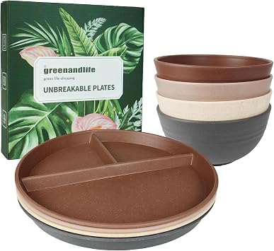 9inch/4pcs Portion Plates + 24oz/4pcs Bowls, Unbreakable Microwave Safe Reusable Lightweight Plates and Bowls Sets Dishwasher Safe Dishes for Outdoor Camping RV, Earth Tone