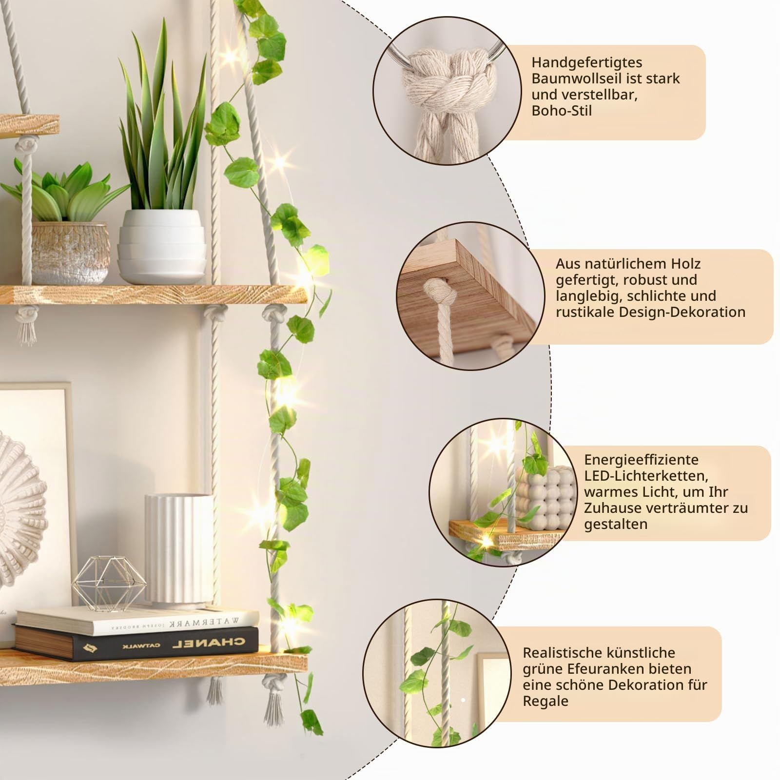 5-stufiges Wandregal Holz für Pflanzen,Makramee Wandbehang Regal Wand für die Wand,Boho Deko Schweberegal Handgewebte Treibholz Hängeregal Für Wohnzimmer Schlafzimmer Badezimmer