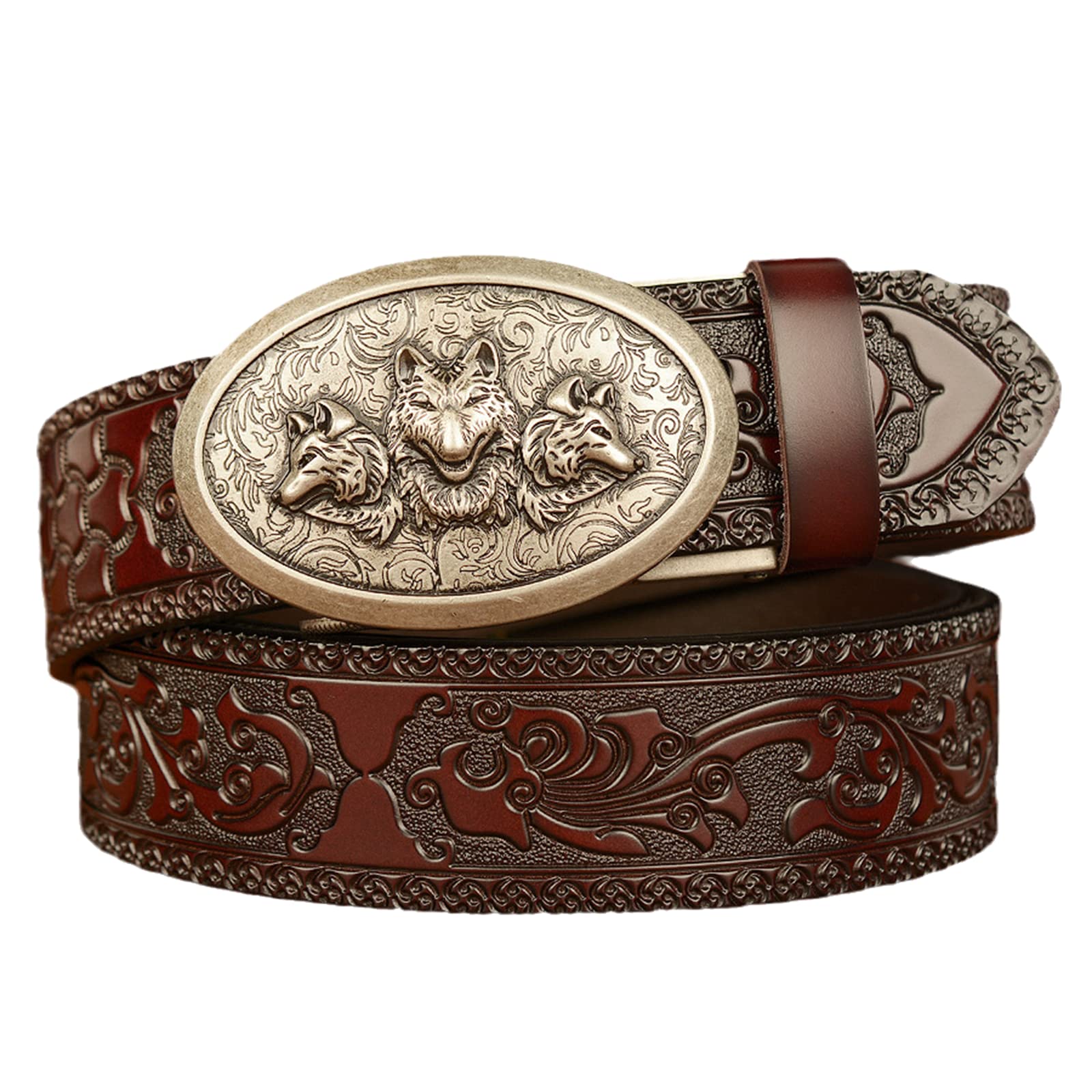 Ceintures pour hommes en cuir véritable et boucle ovale loup argenté
