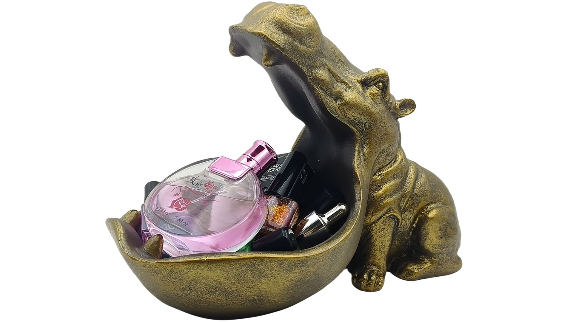 Funny Hippo Statue With Bowl - Resin Candy Dish, Key Holder, Or Planter - Whimsical Home Decor Sculpture In Gold & Teal - View #10