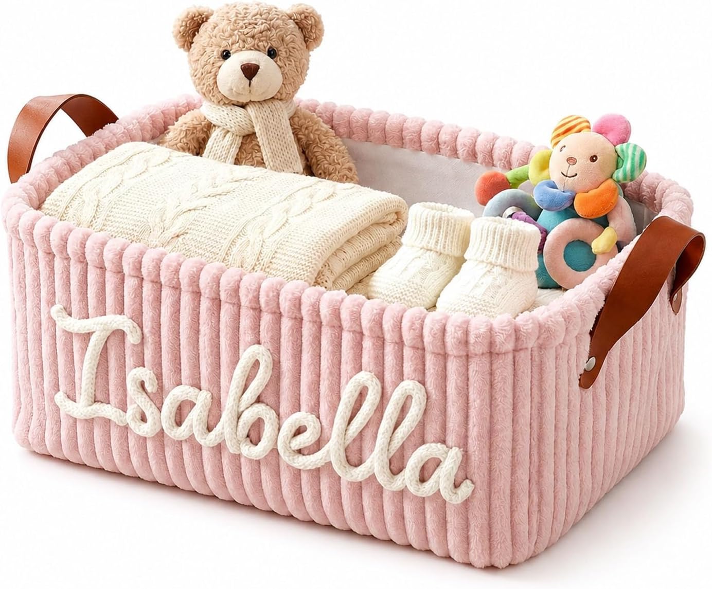 Personalized Baby Basket, Custom Name Corduroy Storage Bin For Nursery, Newborn Shower Gift Basket For Boys & Girls, Large Capacity Laundry Organizer Hamper