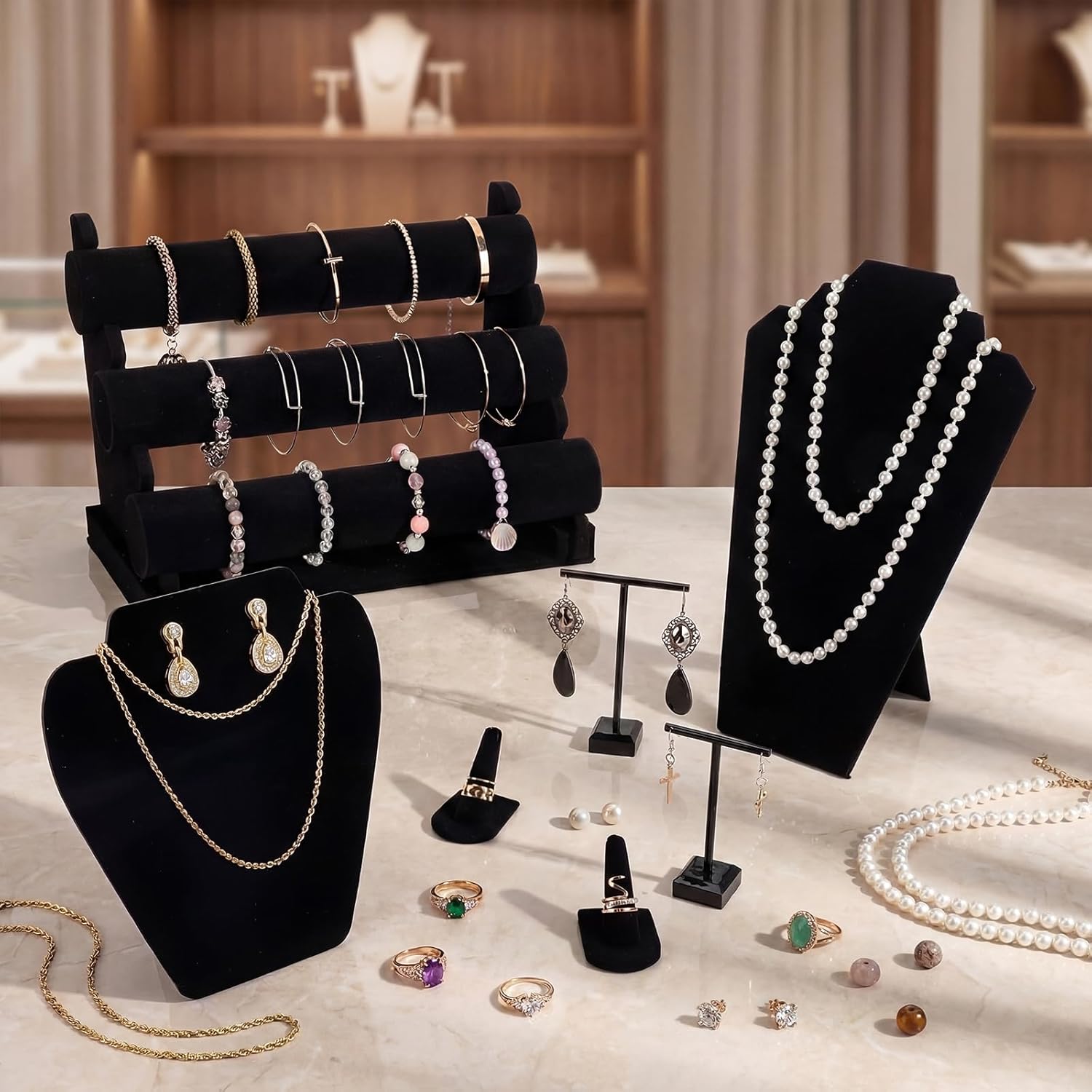 Geelin 19 Pcs Velvet Jewelry Display Set for Flat Necklace Stand 3-tier Bracelet Stand Earrings Holder Ring Finger Holder(Classic)
