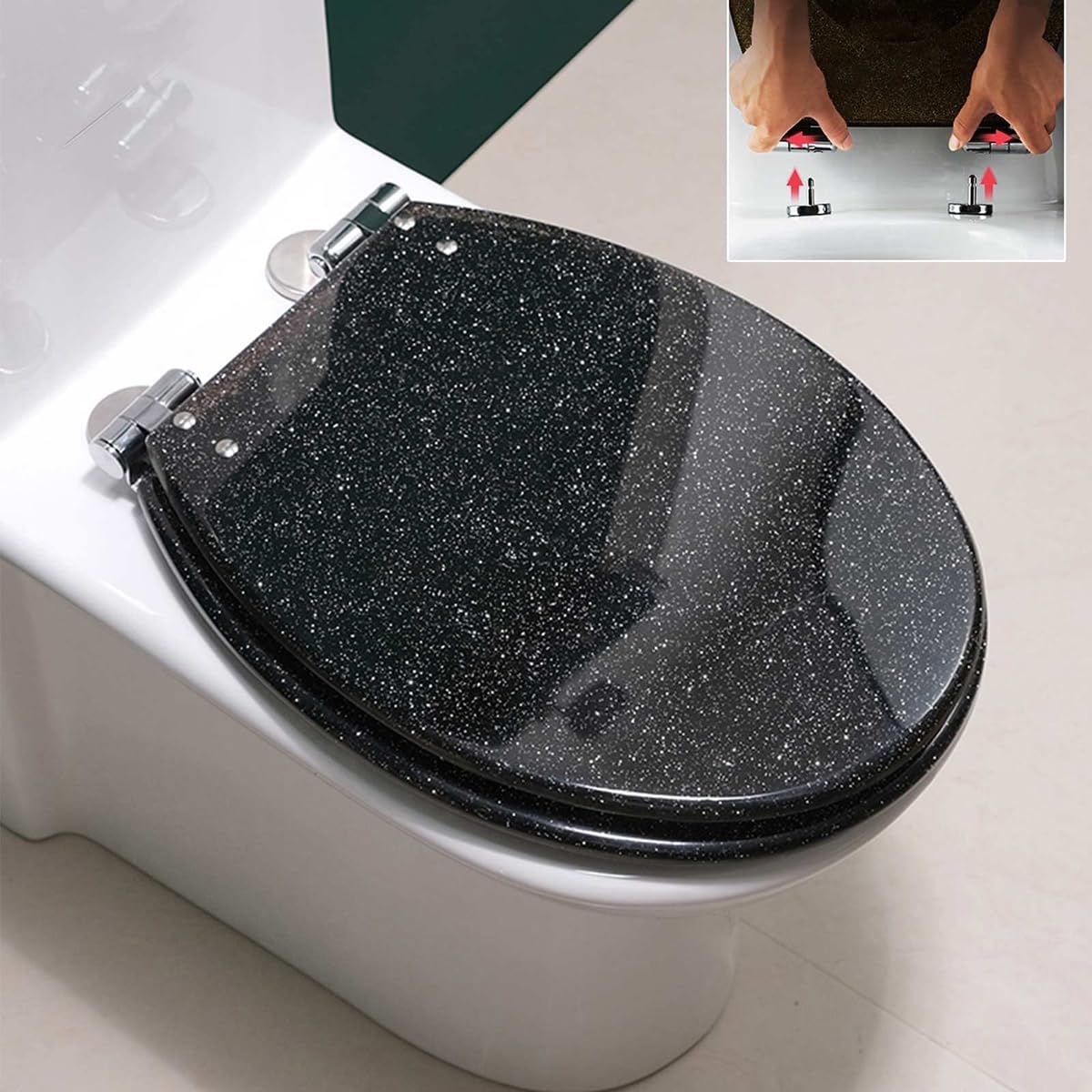 Ldhsjh Black Extended Silent Toilet Seat, Quick Release Cover For Easy Cleaning Quiet Heavy Duty With Metal Hinges, Adjustable, Lightweight, Durable, Portable, User-Friendly