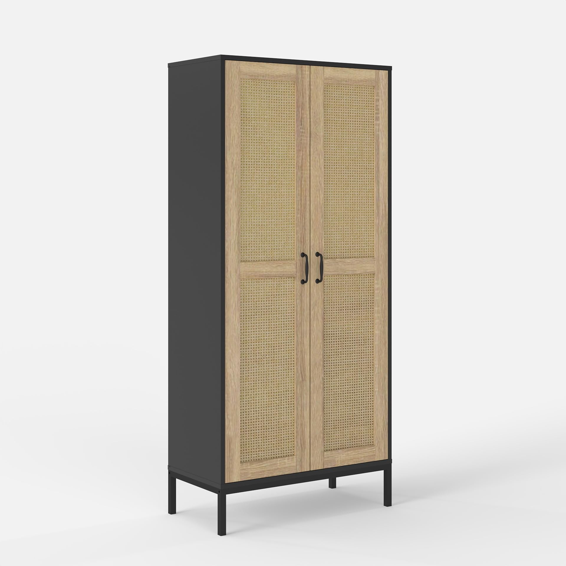 Cupboard, Tall Kitchen Cabinet Cupboards, Wooden Storage Cabinet Hallway Storage Unit, Freestanding Sideboard Wardrobe with Doors & Adjustable Shelves for Living Room (Black and Natural, Rattan Decor)