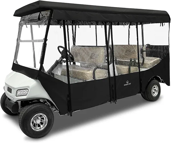 Golf Cart Enclosures 6 Passenger for Club Car Villager Upgraded Zipper 4 Side Roll up Clear PVC Windows Golf Cart Rain Cover Driving Enclosure Extended Roof 6 Seater Windproof Rainproof (Black)