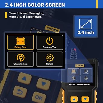AUTOOL Car Battery Tester 12V 24V Battery Load Tester 30-2000 CCA Automotive Battery Tester, Cranking Charging System Analyzer, Color Screen Data Review Reverse Polarity Protection