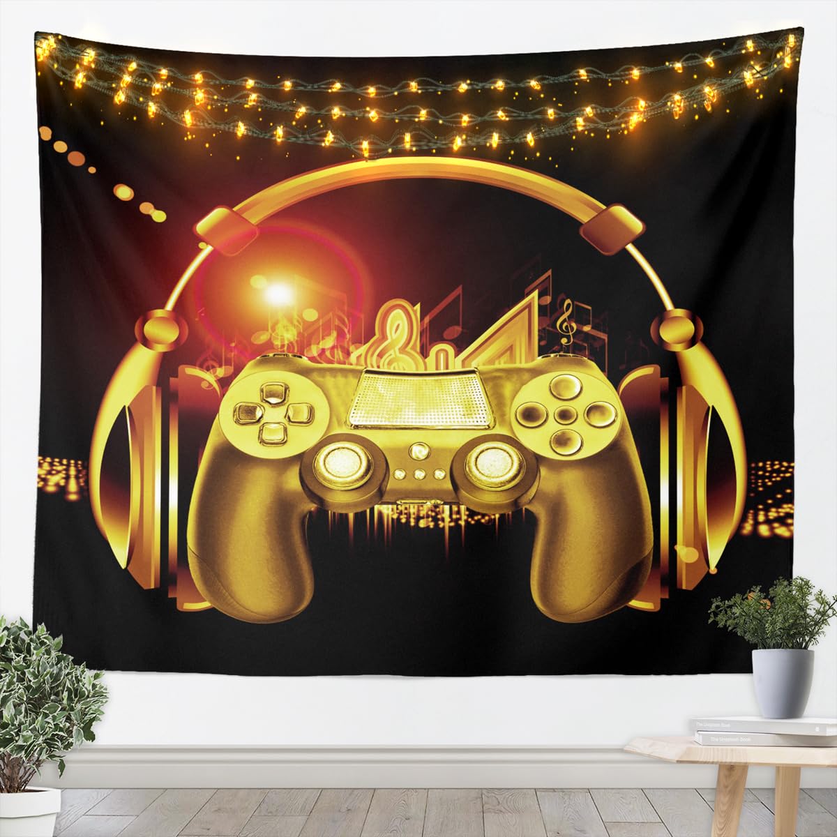 Gamepad Tapestry Golden Gaming Decor Tapestry Wall Hanging for Kids Boys Teens Headset Video Gamer Wall Tapestry Novelty Modern Game Controller Wall Art for Bedroom Living Room,Large 58x79 Inch