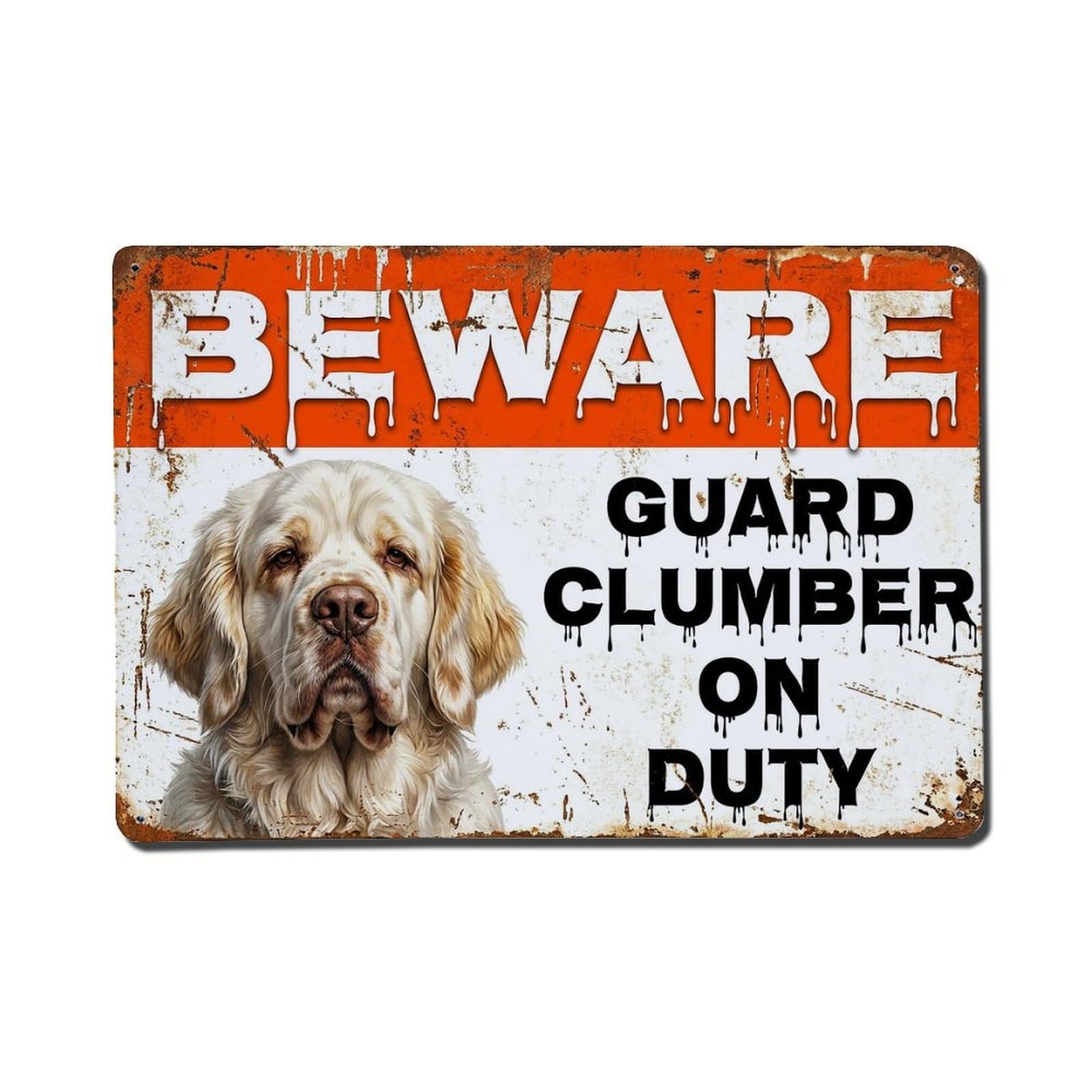Vintage Funny Clumber Guard Beware of Dog Pathway Metal Tin Sign Plaque Wall Decor for Cafe, Club Bar, Office, Garden Metal Poster 8x12Inch